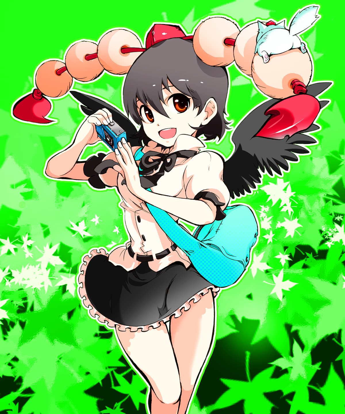 ichizen (artist), ichizen (o tori), inubashiri momiji, inubashiri momiji (wolf), shameimaru aya, touhou, bad id, bad pixiv id, highres, 1girl, :d, black hair, black wings, camera, chibi, female focus, hat, legs, open mouth, red eyes, short hair, skirt, smile, solo, tokin hat, wings, wolf