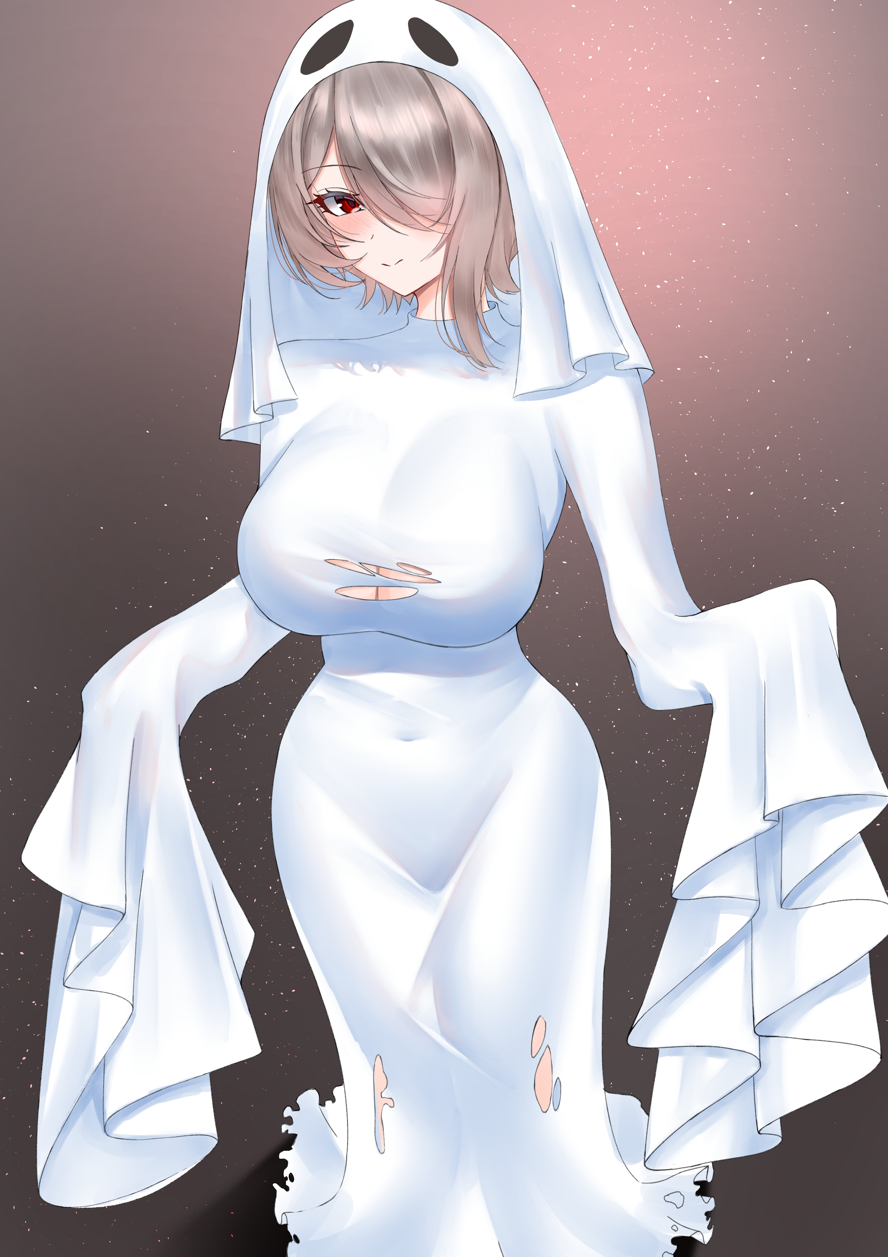 match (scp115), rita rossweisse, honkai (series), honkai impact 3rd, absurdres, commentary request, highres, 1girl, breasts, brown background, brown hair, cleavage cutout, clothing cutout, dress, ghost costume, hair over one eye, large breasts, red eyes, short hair, simple background, smile, solo, torn clothes, torn dress