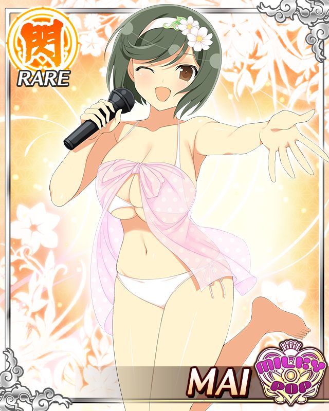 mai (senran kagura), senran kagura, senran kagura new wave, game cg, non-web source, official art, 1girl, :d, bikini, black hair, border, breasts, brown eyes, card (medium), cleavage, flower, hair flower, hair ornament, hairband, holding, holding microphone, large breasts, looking at viewer, microphone, navel, official alternate costume, one eye closed, open mouth, outstretched arm, pink hairband, short hair, skindentation, smile, solo, swept bangs, swimsuit, white bikini