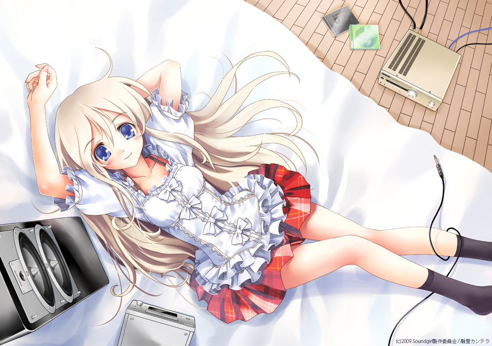 katahira masashi, soundgirl, silver hair, bed, black socks, blonde hair, blue eyes, cable, cd, long hair, lying, on back, skirt, smile, socks, solo, speaker