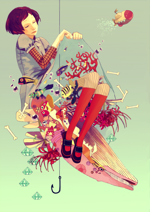 negiusagi, original, 1girl, bone, diamond (gemstone), dress, fish, green background, kneehighs, red hair, red socks, short hair, socks, surreal, whale