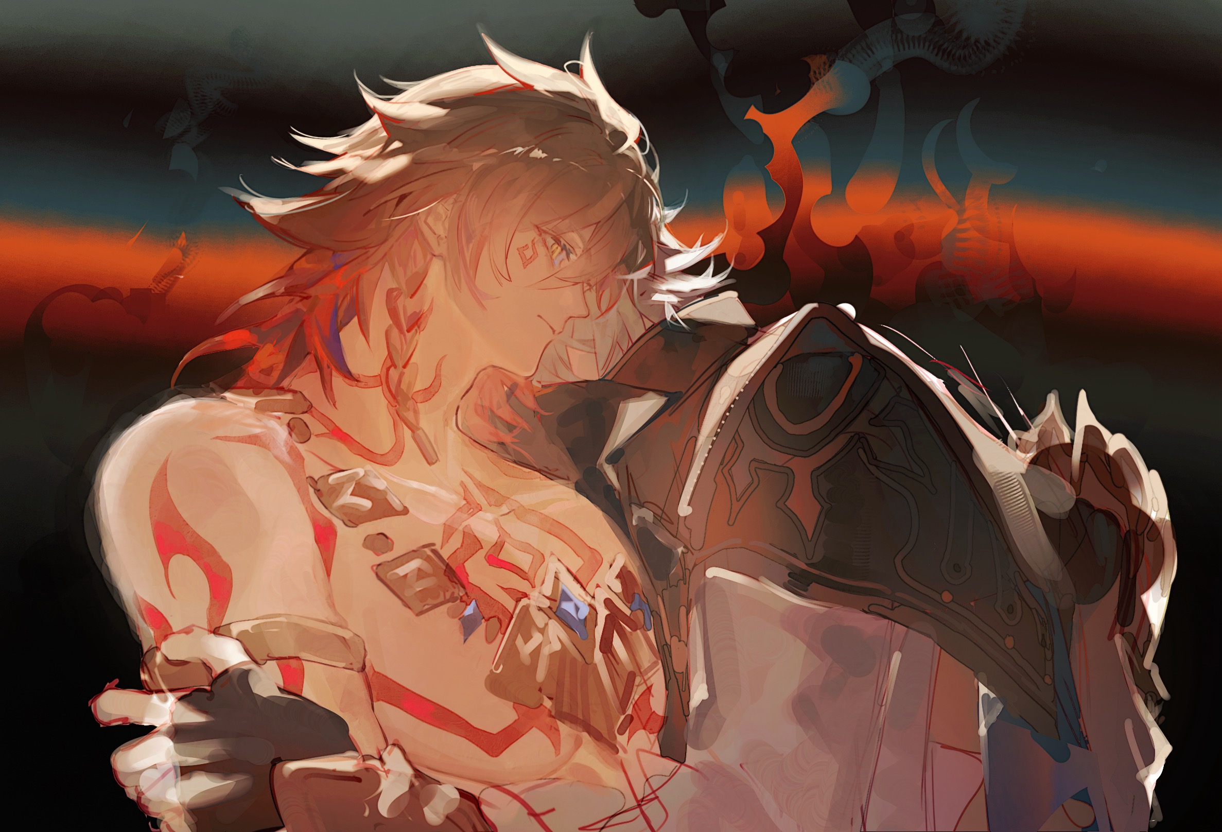 dichlorvos, mydei (honkai: star rail), phainon (honkai: star rail), honkai: star rail, honkai (series), chinese commentary, commentary request, highres, 2boys, antenna hair, arm tattoo, armlet, black choker, black coat, black gloves, black shirt, blonde hair, braid, chest tattoo, choker, coat, earrings, facial tattoo, fingerless gloves, gloves, gold earrings, gold necklace, gradient hair, jewelry, male focus, medium hair, multicolored hair, multiple boys, neck tattoo, necklace, open clothes, open coat, red hair, red tattoo, shirt, short hair, side braid, sun symbol, sun tattoo, tan, tattoo, white coat, white hair, yaoi, yellow eyes