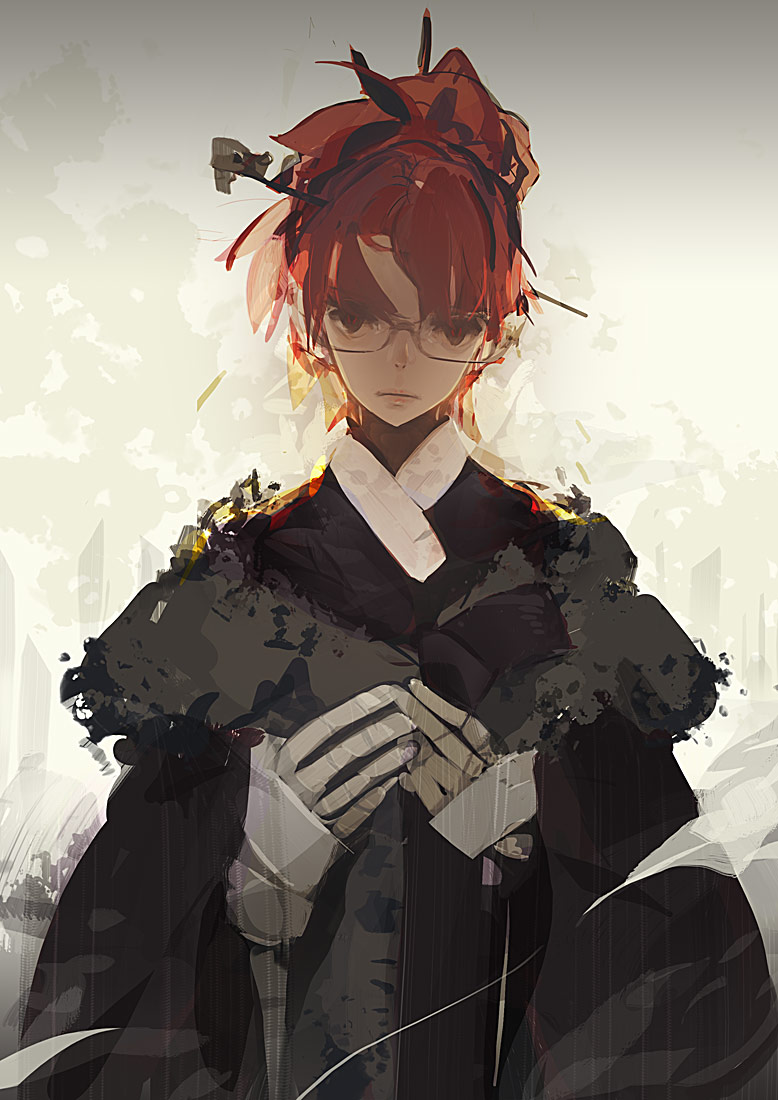 panamaman, chopsticks, glasses, japanese clothes, kimono, red hair, sketch, solo