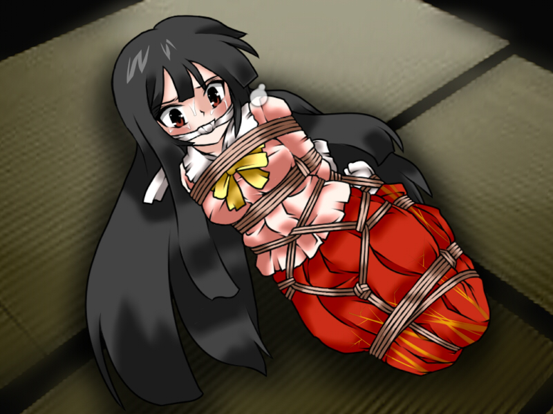 lilish, houraisan kaguya, touhou, 1girl, bdsm, black hair, blush, bondage, bound, cleave gag, cloth gag, female focus, gag, gagged, hogtie, improvised gag, long hair, red eyes, rope, shibari, socks, solo, sweat, tabi, tears