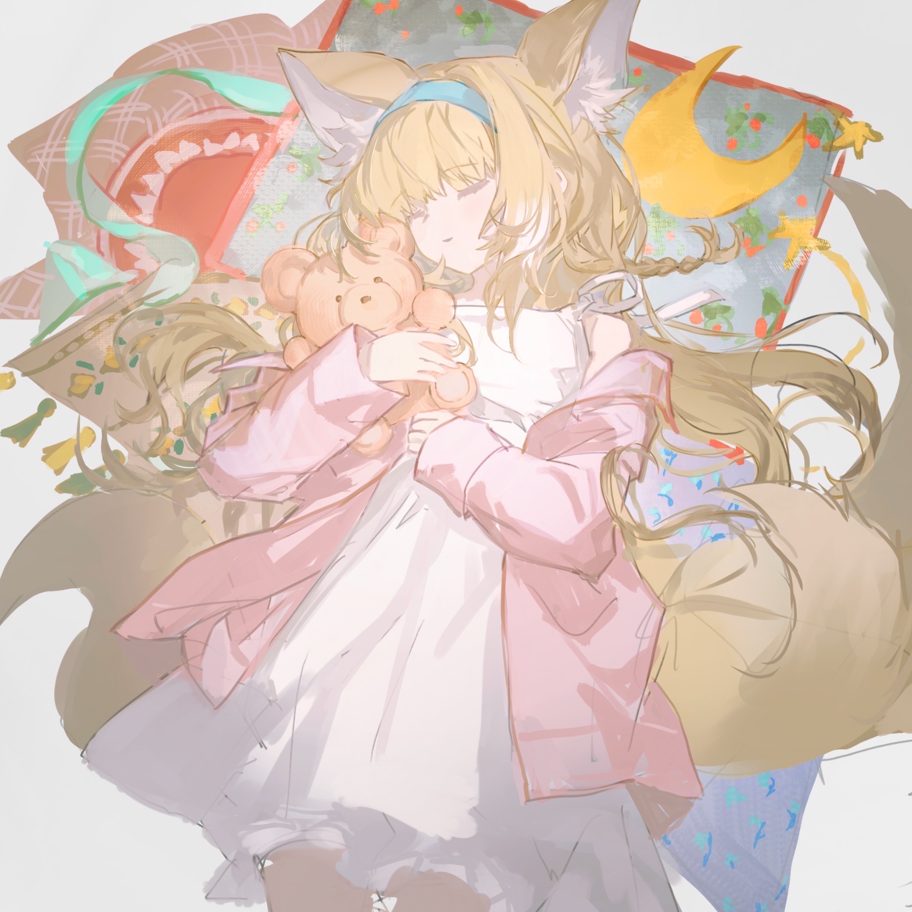 ns404, suzuran (arknights), arknights, chinese commentary, commentary request, highres, 1girl, alternate costume, animal ears, blonde hair, closed eyes, dress, fox ears, fox girl, fox tail, hairband, long hair, solo, stuffed animal, stuffed toy, tail, teddy bear, white dress