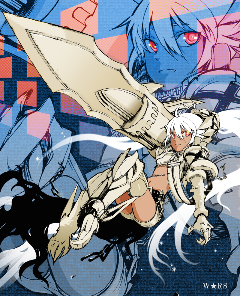 ichizen (artist), ichizen (o tori), insane black rock shooter, black rock shooter, vocaloid, bad id, bad pixiv id, 10s, 1girl, alternate color, armor, boots, chain, fang, female focus, flat chest, gauntlets, greaves, long hair, midriff, navel, red eyes, scar, solo, sword, twintails, weapon, white hair, zoom layer