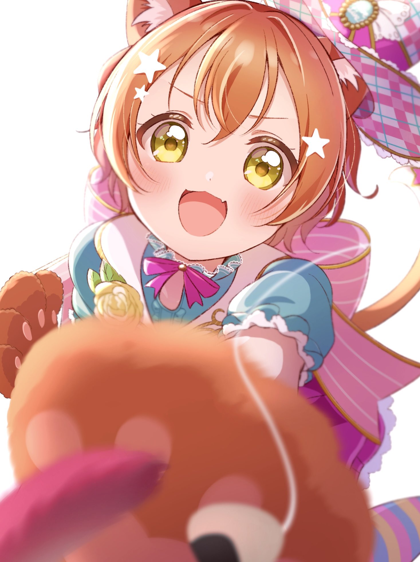osono (osonokichi), hoshizora rin, love live!, love live! school idol project, highres, 1girl, :3, animal ears, animal hands, blurry, blurry foreground, blush, cat ears, fang, gloves, hair ornament, hat, heart, heart in eye, looking at viewer, open mouth, orange hair, outstretched arm, paw gloves, short hair, simple background, skin fang, smile, solo, star (symbol), star hair ornament, symbol in eye, top hat, white background, yellow eyes