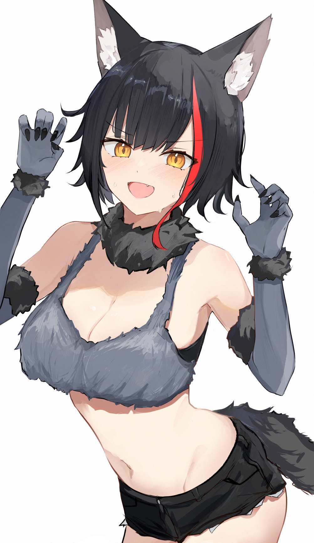 shuuzo3, ookami mio, hololive, commentary, english commentary, highres, :d, alternate costume, animal ears, black collar, black hair, black shorts, black sports bra, black tail, bra, breasts, cleavage, collar, fang, fur-trimmed gloves, fur bra, fur trim, gloves, grey bra, hand up, hands up, large breasts, looking at viewer, multicolored hair, navel, open mouth, red hair, short hair, short shorts, shorts, simple background, smile, sports bra, stomach, streaked hair, tail, underwear, virtual youtuber, white background, wolf ears, wolf girl, wolf tail, yellow eyes