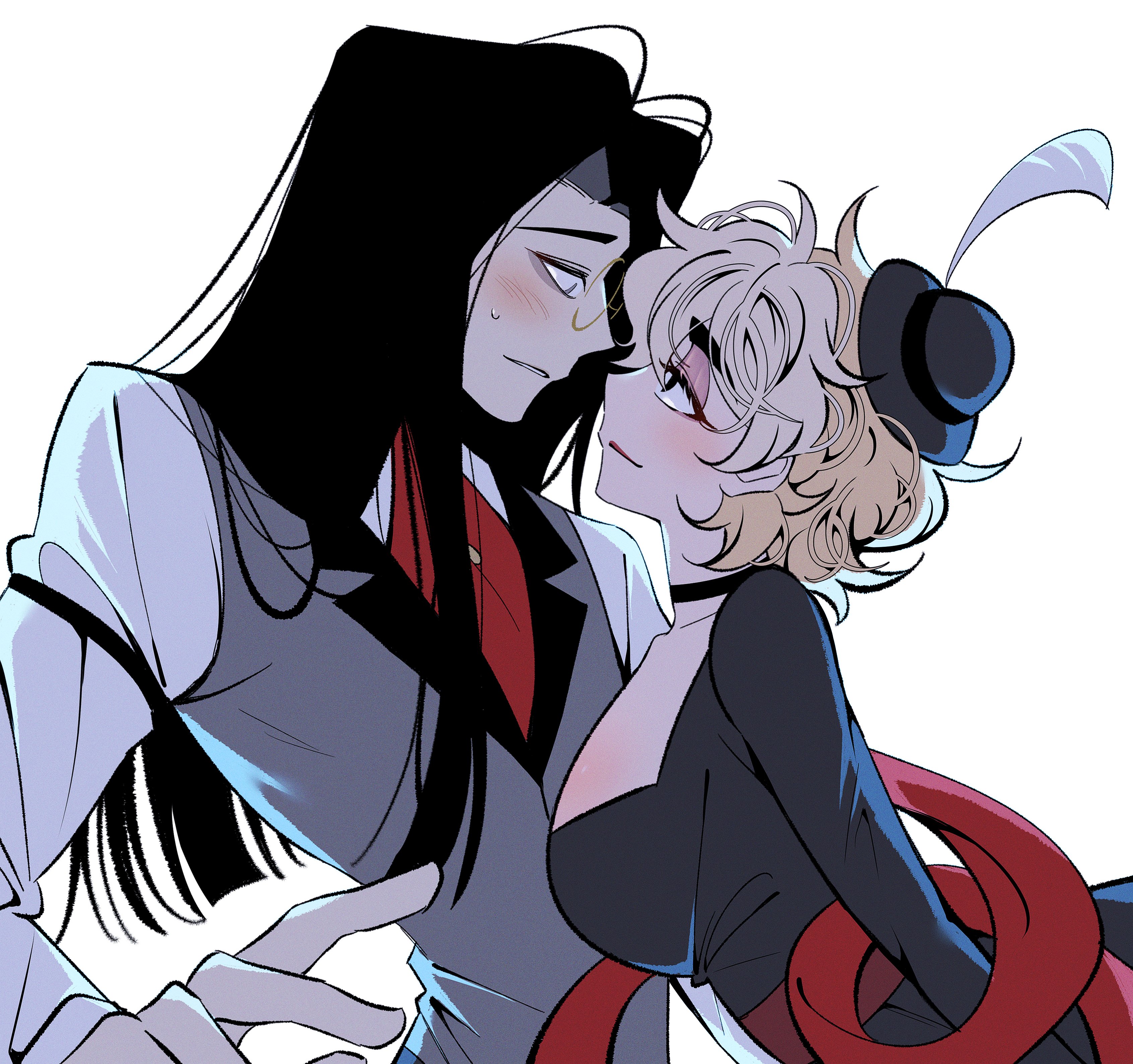 yp katelove, sir pentious, hazbin hotel, hellaverse, absurdres, highres, 1boy, 1girl, ascot, black choker, black eyes, black hair, black hat, black shirt, blonde hair, blush, choker, eye contact, eyeshadow, grey eyes, grey vest, hat, long hair, looking at another, makeup, mini hat, parted lips, pink eyeshadow, red ascot, shirt, short hair, small sweatdrop, upper body, vest, white shirt