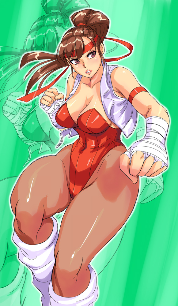 iad, tia langray, breakers, snk, visco, 1girl, armband, bandages, black pantyhose, bodysuit, breasts, brown eyes, brown hair, brown socks, cleavage, collarbone, covered navel, female focus, fighting stance, headband, hip focus, jacket, large breasts, leg up, lips, lipstick, long hair, loose socks, makeup, muscular, navel, open clothes, open jacket, pantyhose, playboy bunny, ponytail, punching, scrunchie, shiny skin, simple background, smile, socks, socks over pantyhose, solo, thick thighs, thigh gap, thighs, vest, white socks, wide hips, zoom layer