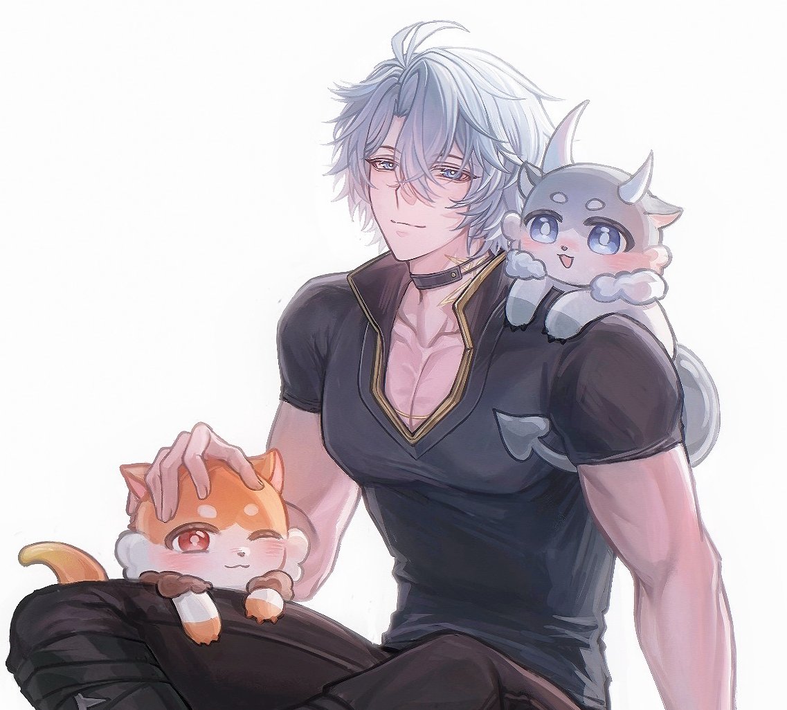 chimera (honkai: star rail), mydei (fig stew) (honkai: star rail), mydei (honkai: star rail), phainon (honkai: star rail), phainon (vigethos) (honkai: star rail), honkai: star rail, honkai (series), chinese commentary, commentary request, 1boy, antenna hair, black choker, black pants, black shirt, blue eyes, choker, inkiceberg, male focus, neck tattoo, pants, parted bangs, shirt, short hair, short sleeves, simple background, solo, sun symbol, sun tattoo, tan, tattoo, white background, white hair