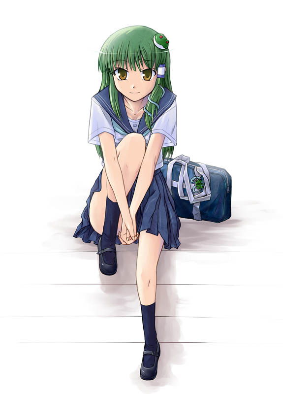 tsuyadashi shuuji, kochiya sanae, touhou, 1girl, alternate costume, contemporary, female focus, frog, full body, school uniform, serafuku, snake, solo
