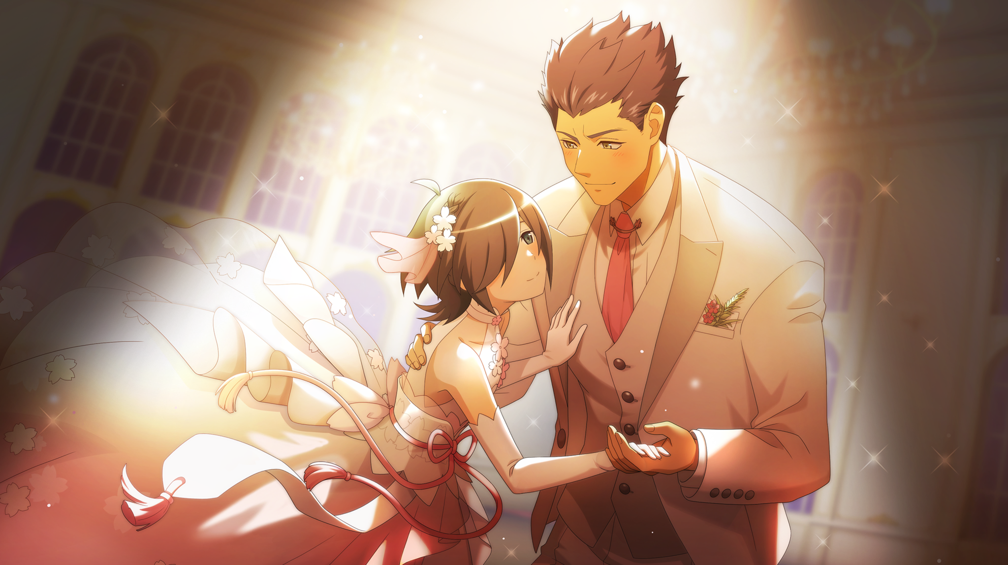 hitachi chigusa, kashima ouka, danmachi battle chronicle, dungeon ni deai wo motomeru no wa machigatteiru darou ka, game cg, highres, non-web source, official art, 1boy, 1girl, anime coloring, ballroom, bare shoulders, black hair, blue eyes, braid, breasts, closed mouth, collared shirt, dress, elbow gloves, flower, formal clothes, gloves, grey vest, hair flower, hair ornament, hair over one eye, hair slicked back, hand on another's back, hand on another's chest, height difference, hetero, holding hands, indoors, jacket, lapels, light blush, looking at another, necktie, official alternate costume, one eye covered, open clothes, open jacket, pink necktie, shirt, short hair, single braid, sleeveless, sleeveless dress, small breasts, smile, tassel, vest, waistcoat, white dress, white flower, white gloves, white jacket, white shirt