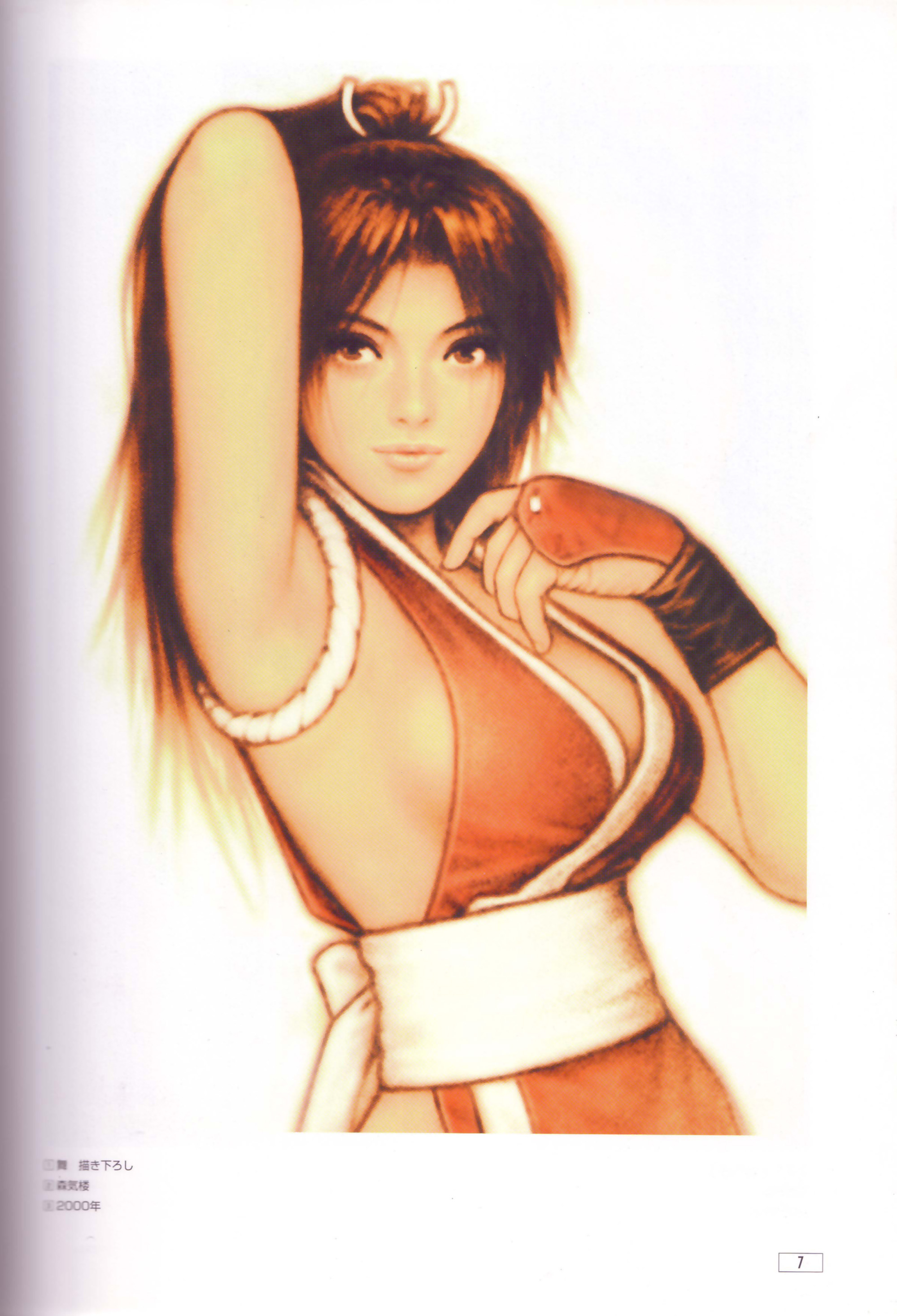mori toshiaki, shiranui mai, fatal fury, snk, the king of fighters, absurdres, artbook, highres, official art, scan, 1girl, adjusting hair, armpits, breasts, brown eyes, brown hair, female focus, long hair, ninja, pelvic curtain, ponytail, sideboob, solo
