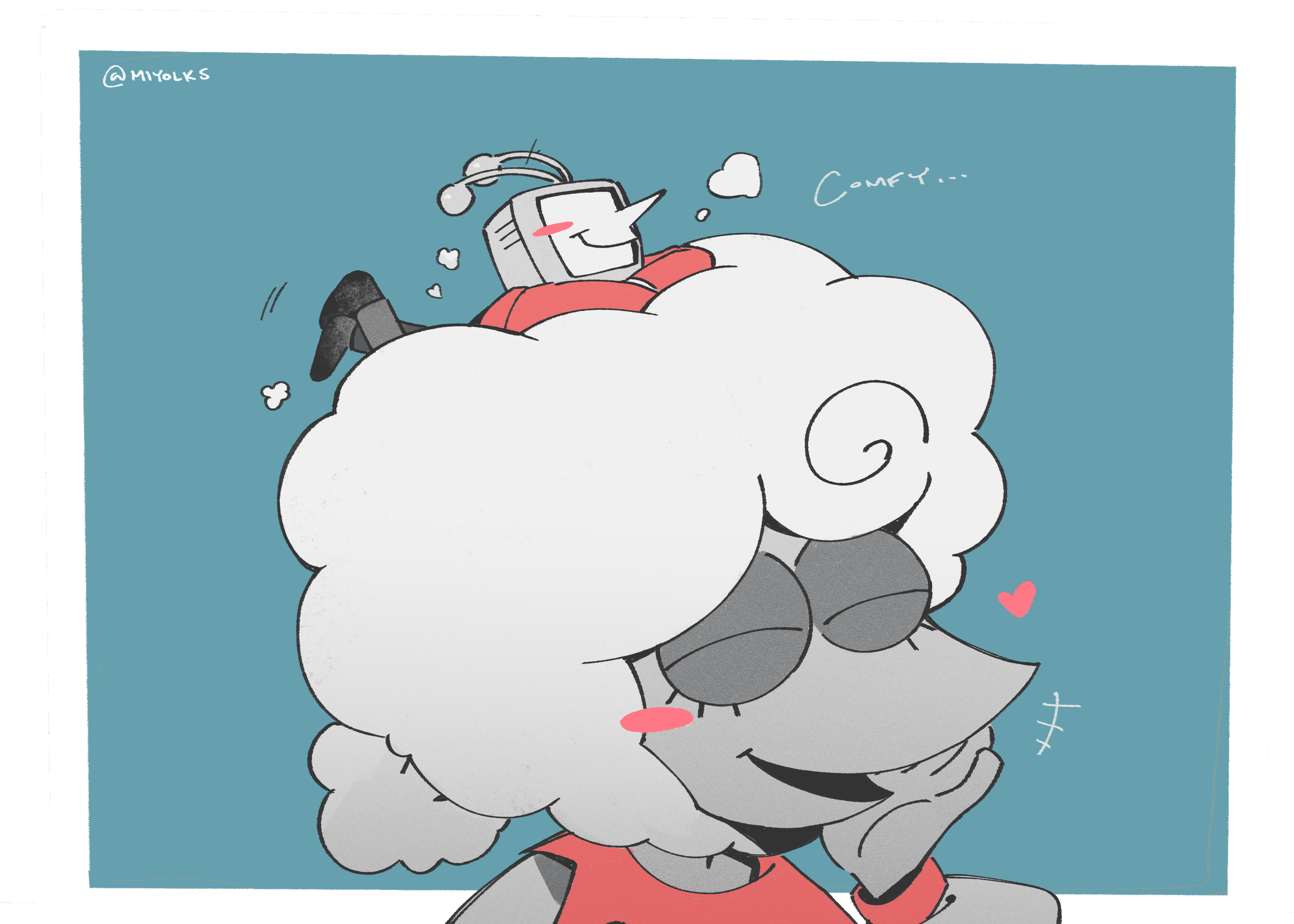 ant tenna, elnina (deltarune), deltarune, utdr (toby fox), commentary, english commentary, highres, 1boy, 1girl, blush stickers, border, closed eyes, crt, grey pants, hand up, heart, long nose, lying, mini person, miniboy, miyolks, object head, on head, on stomach, outside border, pants, pointy nose, radio antenna, single blush sticker, smile, twitter username, white border