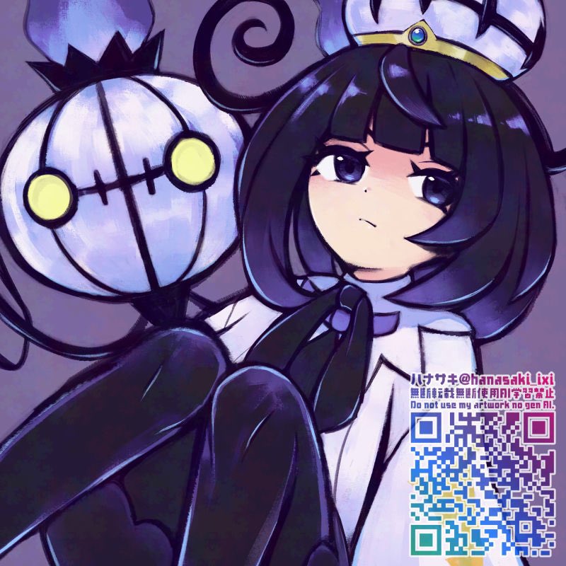 hanasaki (1470267), chandelure, gwynn (pokemon), nintendo, pokemon, pokemon legends: z-a, 1girl, black dress, black hair, black pantyhose, blunt bangs, bob cut, closed mouth, coat, dress, gen 5 pokemon, gradient hair, hat, long sleeves, looking at viewer, multicolored hair, pantyhose, pokemon (creature), purple background, purple eyes, purple hair, qr code, short hair, white coat