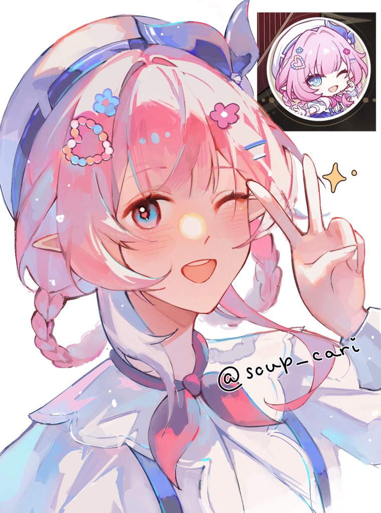 soupcari, cyrene (aedes elysiae) (honkai: star rail), cyrene (honkai: star rail), honkai: star rail, honkai (series), commentary, 1girl, ;o, beret, blue eyes, dress, hat, looking at viewer, official alternate costume, one eye closed, open mouth, pink hair, pointy ears, reference inset, short hair, simple background, solo, teeth, twitter username, upper body, upper teeth only, v, white background, white dress