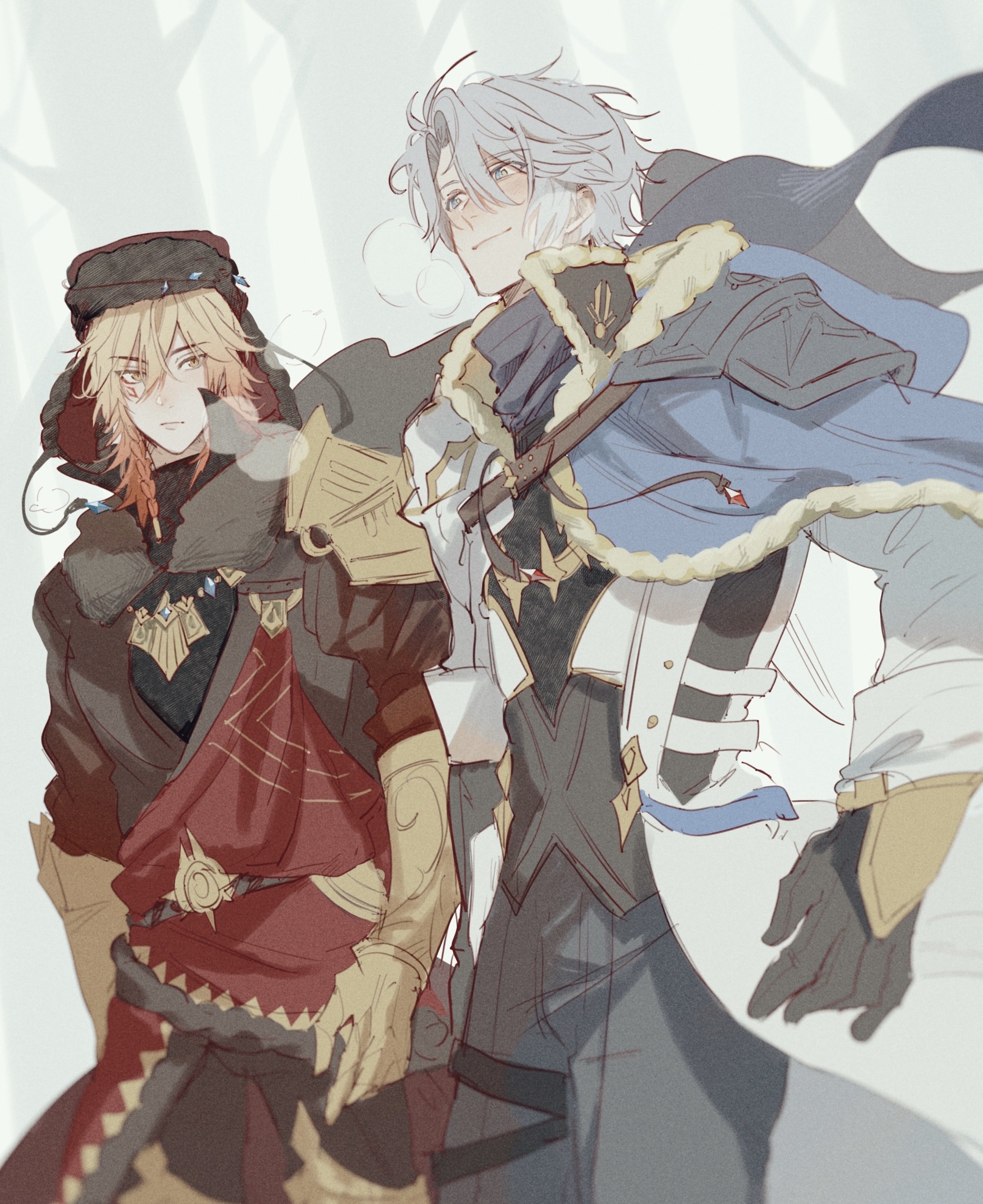 ggtnnk, mydei (honkai: star rail), phainon (honkai: star rail), honkai: star rail, honkai (series), absurdres, commentary request, highres, 2boys, antenna hair, armor, black coat, black gloves, black pants, black shirt, blonde hair, blue eyes, braid, clawed gauntlets, coat, facial tattoo, gloves, gradient hair, male focus, medium hair, multicolored hair, multiple boys, pants, parted bangs, pauldrons, red hair, red tattoo, shirt, short hair, shoulder armor, side braid, single pauldron, tattoo, thigh strap, white coat, white hair, winter clothes, winter coat, yellow eyes