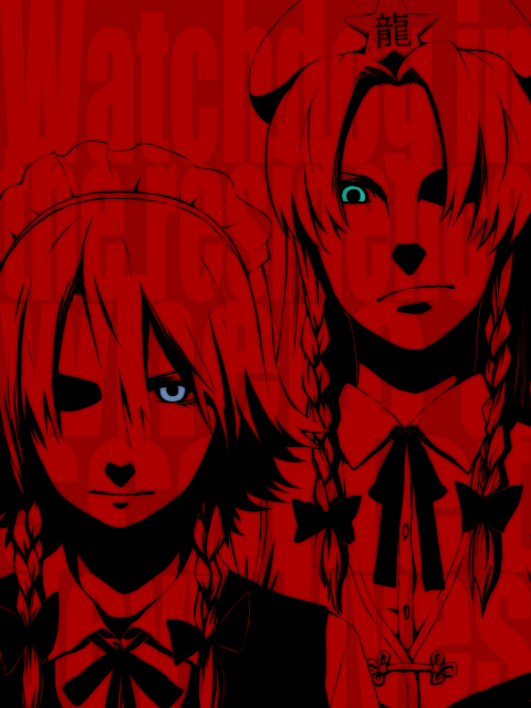 torinone, hong meiling, izayoi sakuya, embodiment of scarlet devil, touhou, 2girls, blue eyes, braid, female focus, hairband, hat, long hair, maid, monochrome, multiple girls, red theme, serious, short hair, spot color, twin braids, upper body