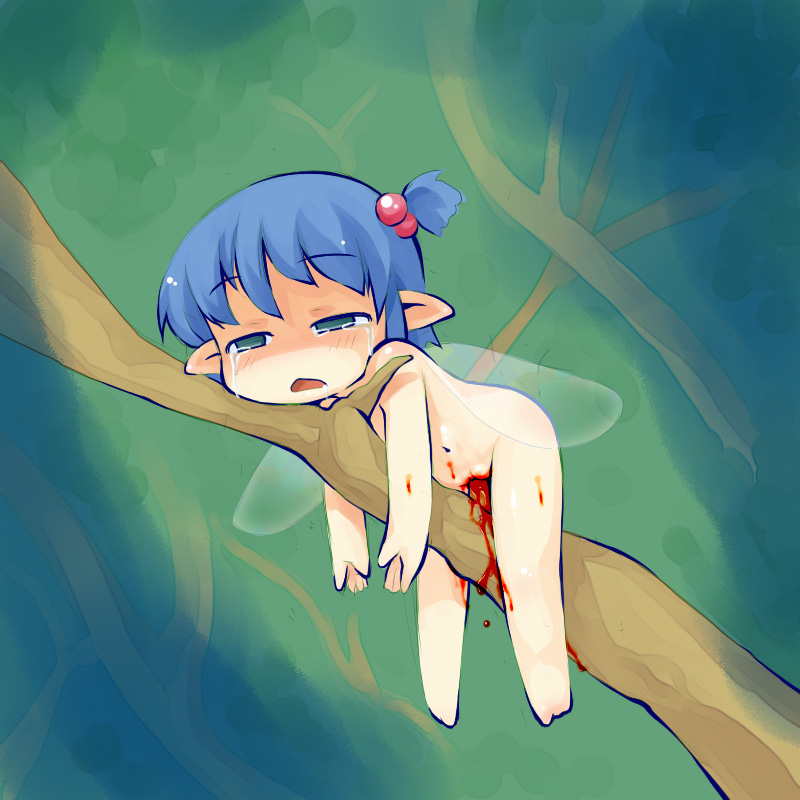 sakurabe notos, barefoot, blood, blue hair, chibi, defloration, empty eyes, fairy, forest, green eyes, guro, hair bobbles, hair ornament, hurt, injury, mini person, minigirl, nature, nude, object insertion, open mouth, pointy ears, solo, tears, toes, tree, vaginal, wings