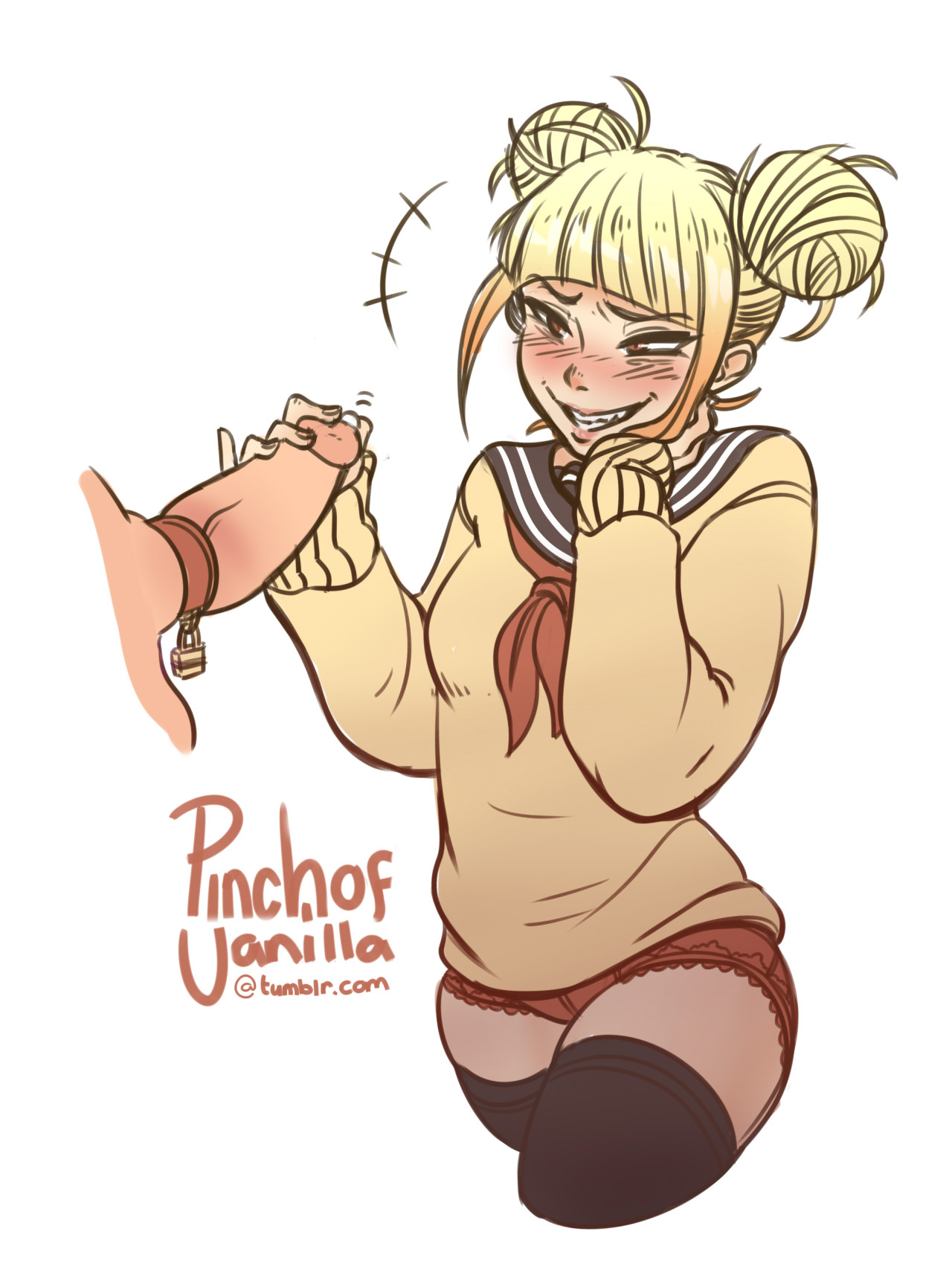 a pinch of vanilla, toga himiko, blonde hair, blush, cardigan, evil grin, evil smile, femdom, grin, hair bun, orgasm denial, precum, smile, thighhighs, tied penis