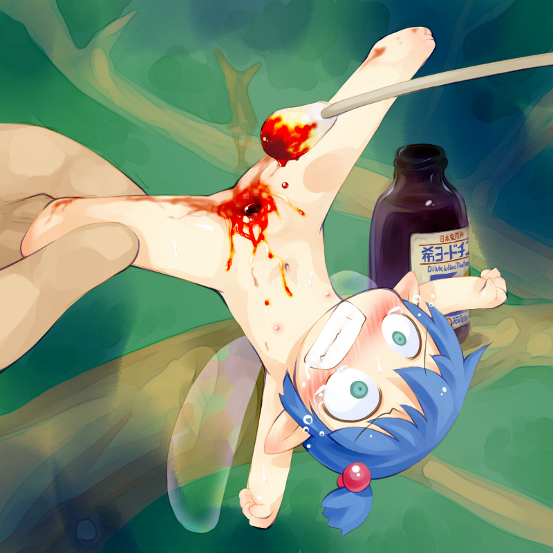 iodine, sakurabe notos, barefoot, blood, blue hair, censored, chibi, cotton swab, crazy eyes, fairy, feet, forest, green eyes, guro, hair bobbles, hair ornament, hurt, injury, loli, male hand, medical care, mini person, minigirl, nature, nude, pain, pussy, tears, toes, tree, upside-down, wings