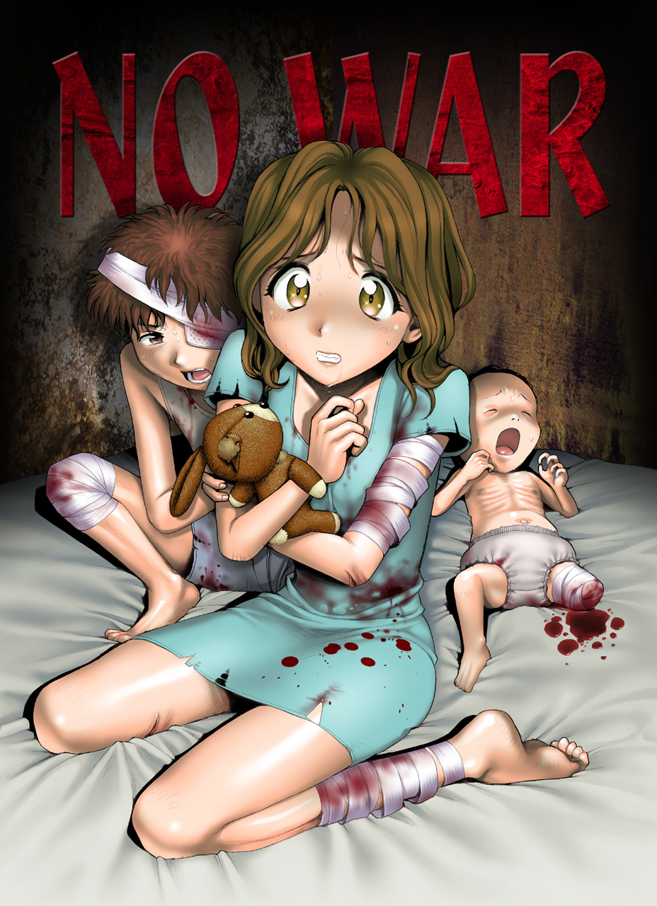 highres, amputee, baby, bandages, barefoot, blood, curly hair, guro, kneeling, pain, rabbit, scar, scared, skinny, stain, stuffed animal, stuffed toy, torn clothes, war, yellow eyes