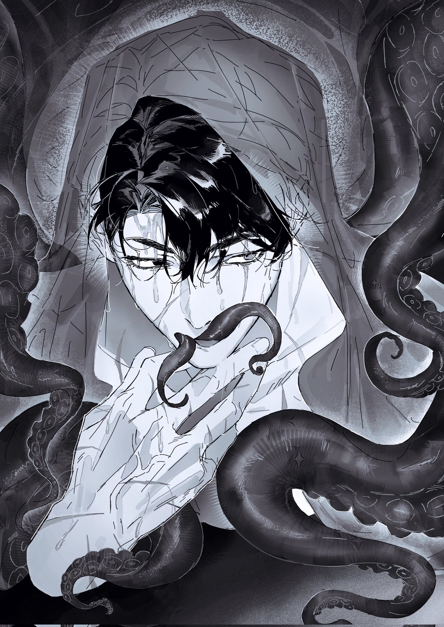 secretive plotter, yoo joonghyuk, omniscient reader's viewpoint, highres, 1boy, black hair, cloak, curtained hair, dripping, greyscale, hand on own face, heterochromia, hood, hood up, hooded cloak, male focus, monochrome, mouth tentacles, multiple scars, owlaoao, scar, scar across eye, scar on face, scar on hand, short hair, solo, tentacles, upper body