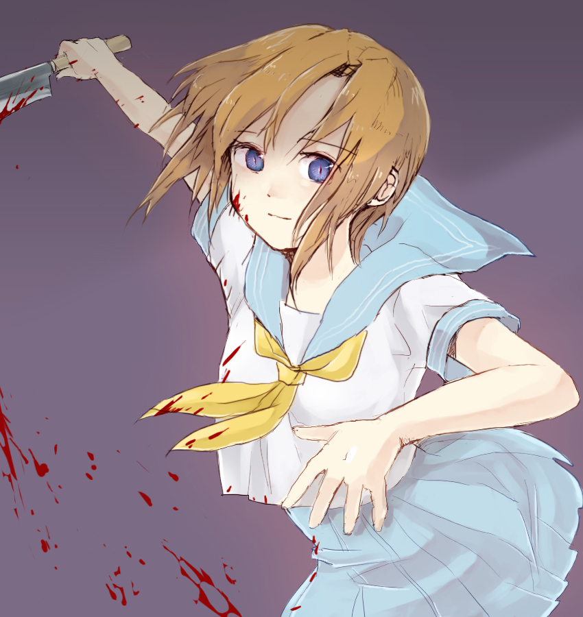 yoshioka mitsuko, ryuuguu rena, higurashi no naku koro ni, 00s, blood, blue eyes, knife, school uniform, serafuku, short hair, solo
