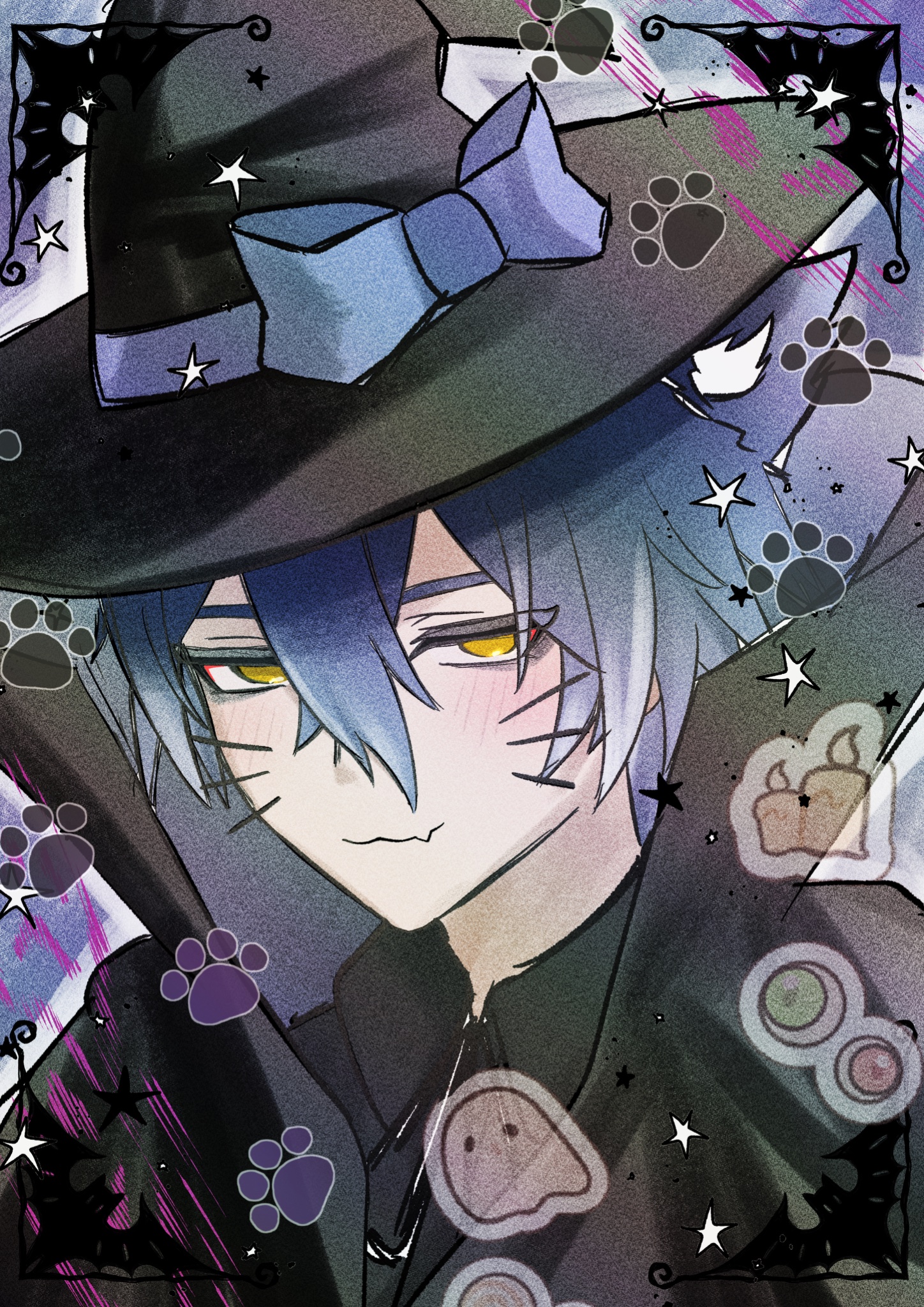 flins (genshin impact), genshin impact, commentary request, highres, 1boy, animal ear fluff, animal ears, black cape, black hat, black shirt, blue hair, blue ribbon, blush, bow, cape, cat boy, cat ears, collared cape, collared shirt, crossed bangs, double-parted bangs, drawn whiskers, eyelashes, fang, ghost, hair between eyes, halloween, halloween costume, hat, male focus, mystical high collar, orange eyes, paw print, portrait, ribbon, shirt, skin fang, sogac jp, solo, upper body, wing collar, witch, witch hat