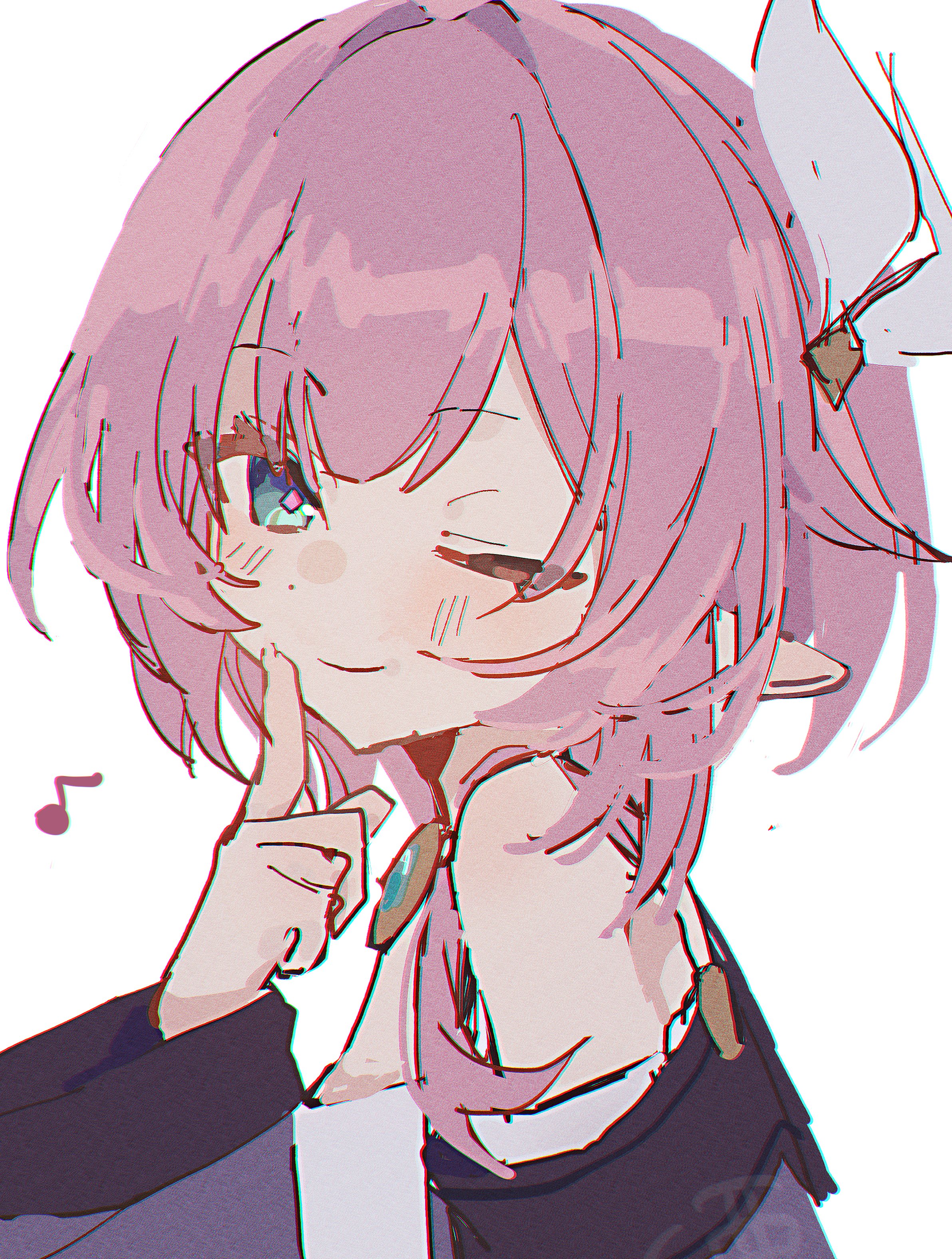 hinay 2, cyrene (aedes elysiae) (honkai: star rail), cyrene (honkai: star rail), honkai: star rail, honkai (series), absurdres, hashtag-only commentary, highres, 1girl, bare shoulders, blue eyes, breasts, coat, dress, hair ornament, jewelry, looking at viewer, necklace, pink hair, pointy ears, purple coat, simple background, small breasts, solo, upper body, white background, white dress