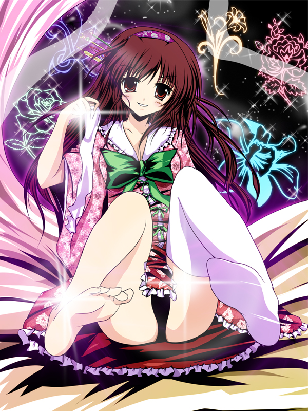 lastlong, houraisan kaguya, touhou, artist request, 1girl, barefoot, black panties, feet, female focus, panties, sitting, solo, thighhighs, underwear, white thighhighs