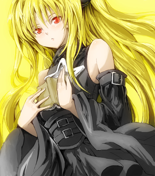 tanupo, konjiki no yami, to love-ru, 00s, blonde hair, book, detached sleeves, long hair, red eyes, solo