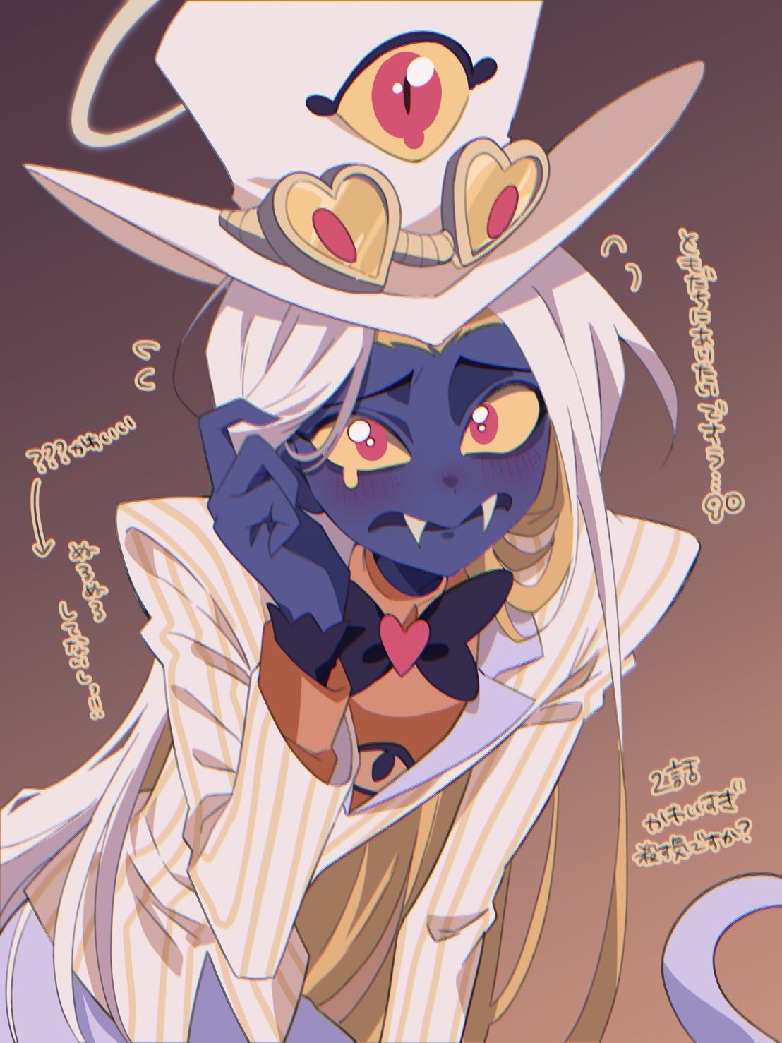 sir pentious, hazbin hotel, hellaverse, highres, 1boy, black bow, black bowtie, blush, bow, bowtie, colored sclera, colored skin, eye on hat, fangs, grey skin, halo, hat, jacket, long hair, looking at viewer, male focus, orange shirt, pinstripe jacket, pinstripe pattern, red eyes, shirt, snake boy, solo, tkt tru, white hair, white hat, yellow halo, yellow jacket, yellow sclera