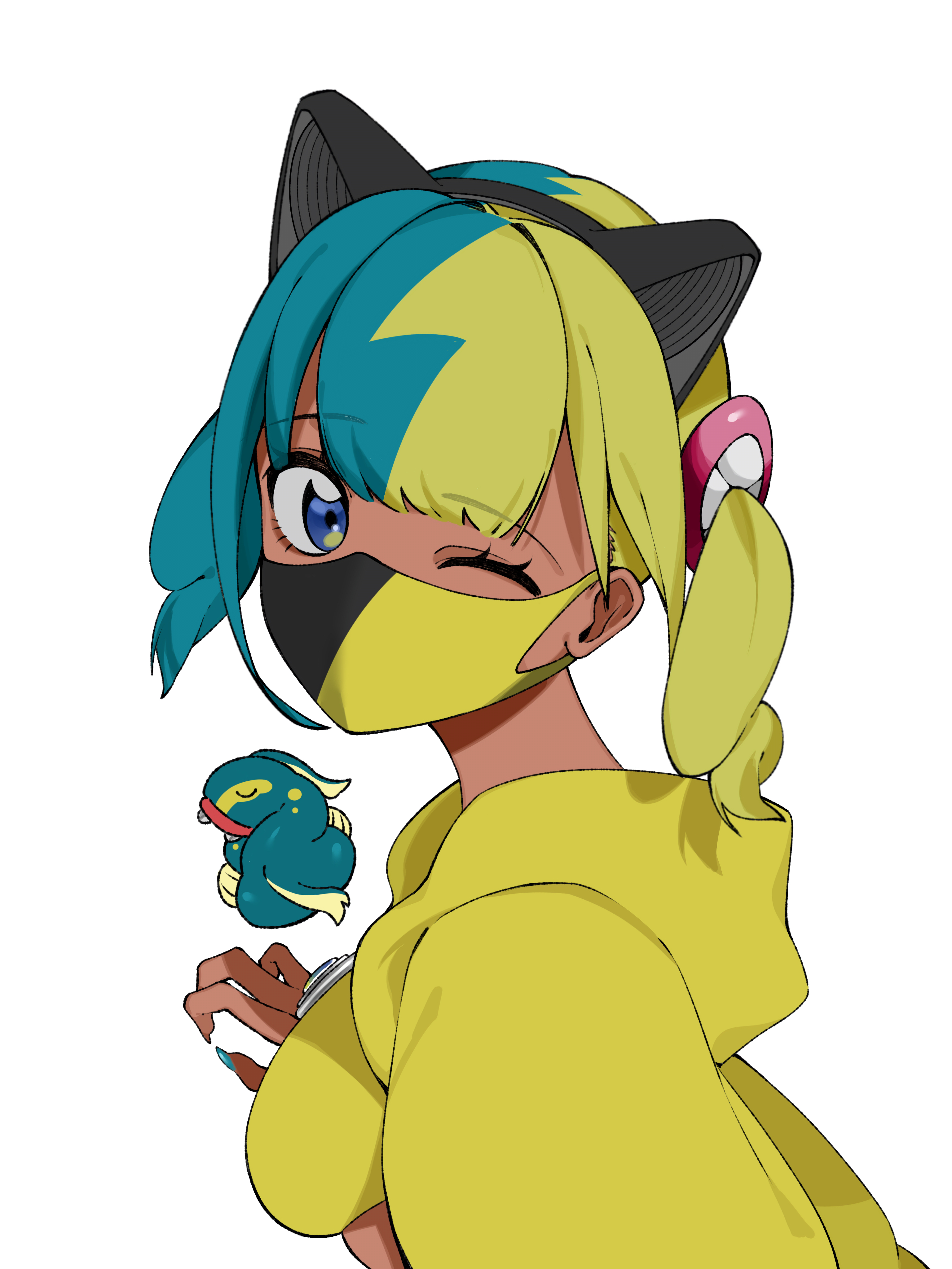 omochi (pixiv 73433243), canari (pokemon), eelektross, nintendo, pokemon, pokemon legends: z-a, absurdres, commentary request, highres, 1girl, animal ears, bandeau, blue eyes, breasts, eyelashes, fake animal ears, from side, gen 5 pokemon, hand up, hood, hood down, hooded jacket, jacket, looking to the side, mask, medium breasts, mouth mask, multicolored hair, nail polish, one eye closed, pokemon (creature), simple background, twintails, white background, yellow bandeau, yellow jacket