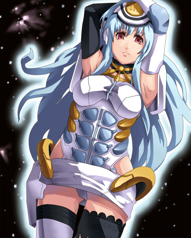 hutene, kos-mos, kos-mos ver. 1, xenosaga, xenosaga episode i, 00s, 1girl, android, blue hair, breasts, elbow gloves, female focus, gloves, long hair, red eyes, solo, space, thighhighs