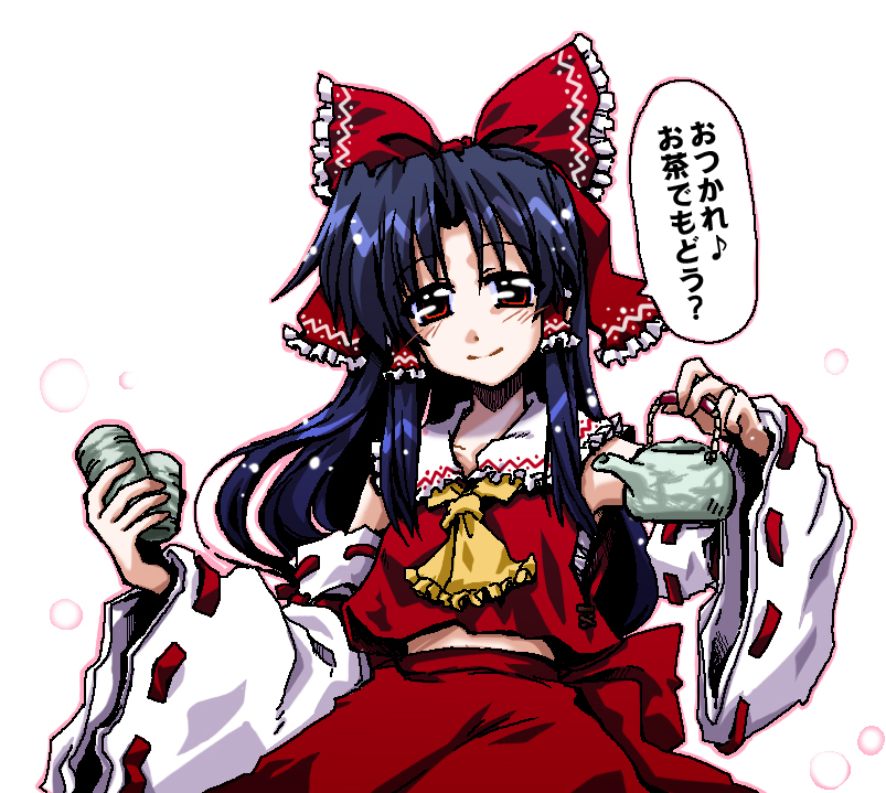 takana shinno, hakurei reimu, touhou, translated, 1girl, black hair, cup, detached sleeves, female focus, japanese clothes, kettle, long hair, miko, red eyes, solo, teapot
