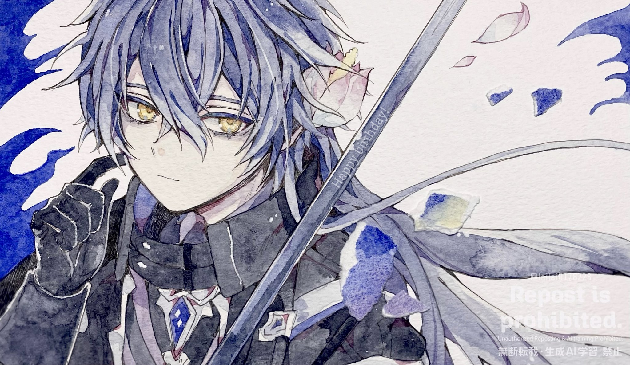 lailai0178223, flins (genshin impact), genshin impact, commentary request, highres, 1boy, arm up, black capelet, black gloves, capelet, collared capelet, colored eyelashes, crossed bangs, double-parted bangs, english text, floating hair, flower, gem, gloves, hair between eyes, happy birthday, long hair, long sleeves, looking to the side, male focus, petals, solo, upper body, watermark, white background, yellow eyes