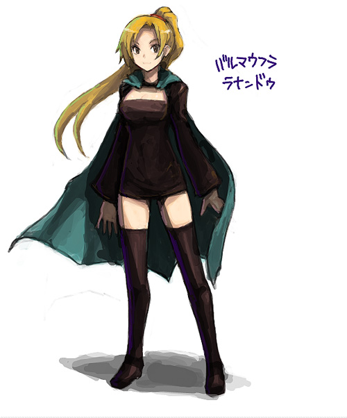 kara (color), valmafra lenande, final fantasy, final fantasy tactics, 1girl, blonde hair, brown eyes, cape, female focus, high ponytail, ponytail, solo, thighhighs, zettai ryouiki