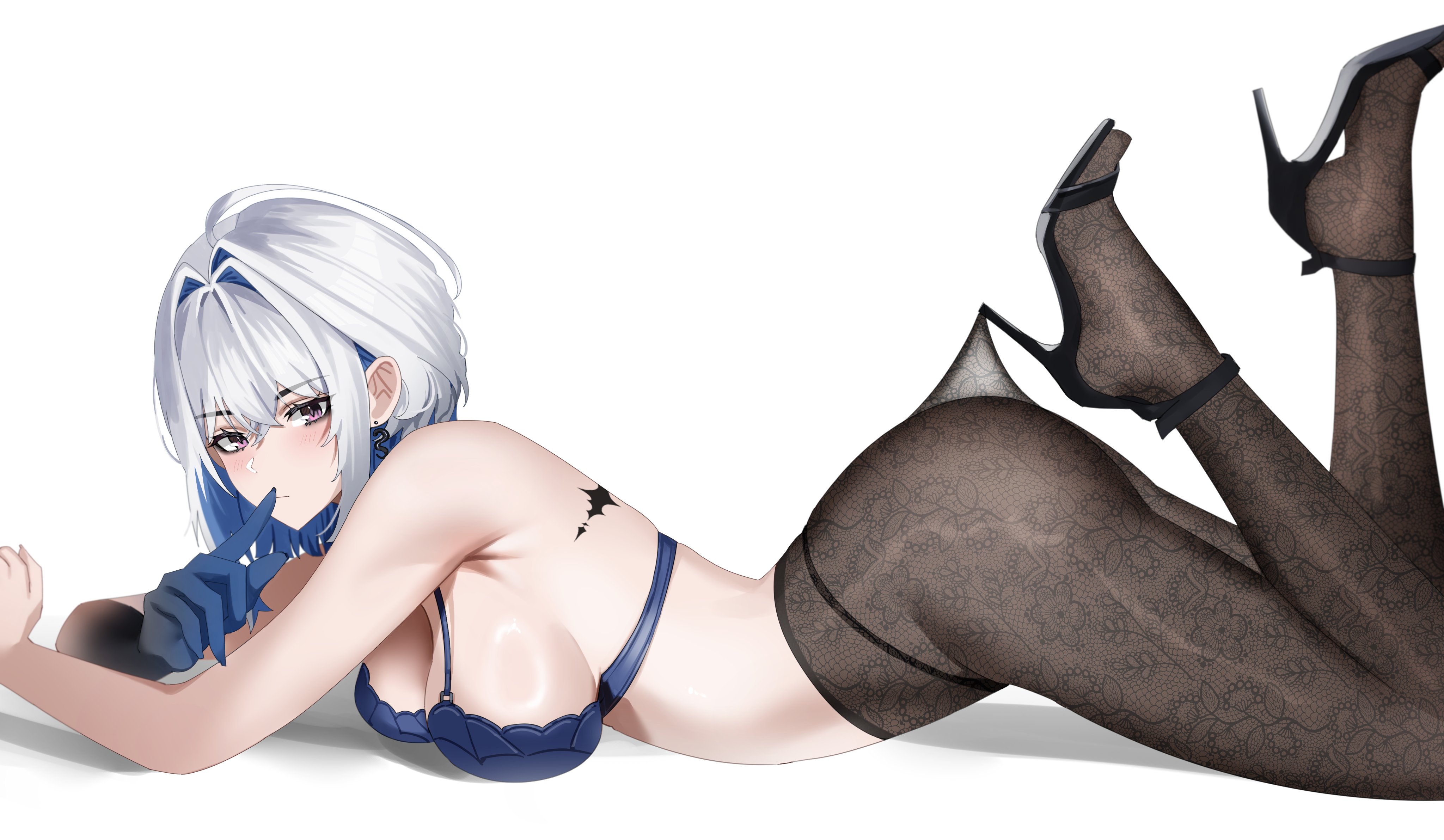 trixie (trixiex33), galbrena (wuthering waves), wuthering waves, absurdres, commentary, english commentary, highres, 1girl, bare shoulders, black pantyhose, black shoes, blue bra, blue hair, blue hands, bra, breasts, earrings, finger to mouth, from side, grey hair, hair intakes, high-waist pantyhose, high heels, hooked on heel, jewelry, lace pantyhose hooked on heel (meme), large breasts, looking at viewer, looking to the side, lying, medium hair, meme, on stomach, pantyhose, ring light reflection, shoes, shushing, sideboob, sidelocks, simple background, solo, strappy heels, tacet mark (wuthering waves), the pose, underwear, white background