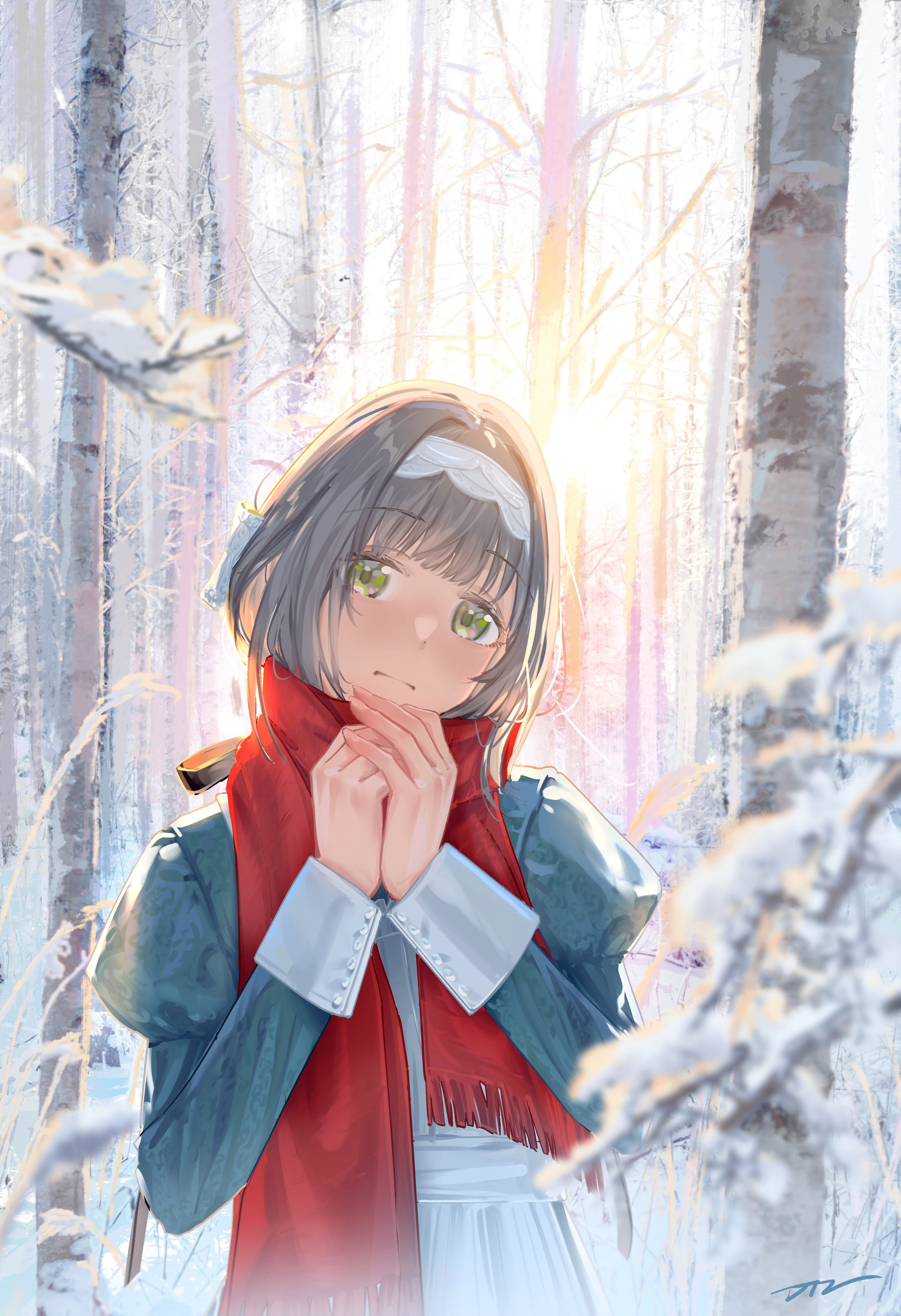 da tengzi, hiwatari kanae, gakuen idolmaster, idolmaster, absurdres, highres, 1girl, apron, black ribbon, closed mouth, dress, forest, green dress, green ribbon, grey hair, hair ribbon, looking at viewer, nature, own hands together, puffy sleeves, red scarf, ribbon, scarf, short hair, snow on tree, solo, white apron