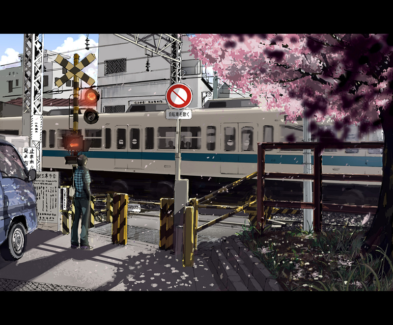 crossing, masso, byousoku 5 centimeter, odakyu electric railway, bad id, bad pixiv id, 1boy, building, car, cherry blossoms, letterboxed, male focus, motor vehicle, multiple unit train, railroad crossing, real world location, sign, slice of life, solo, stairs, train, tree, vehicle focus