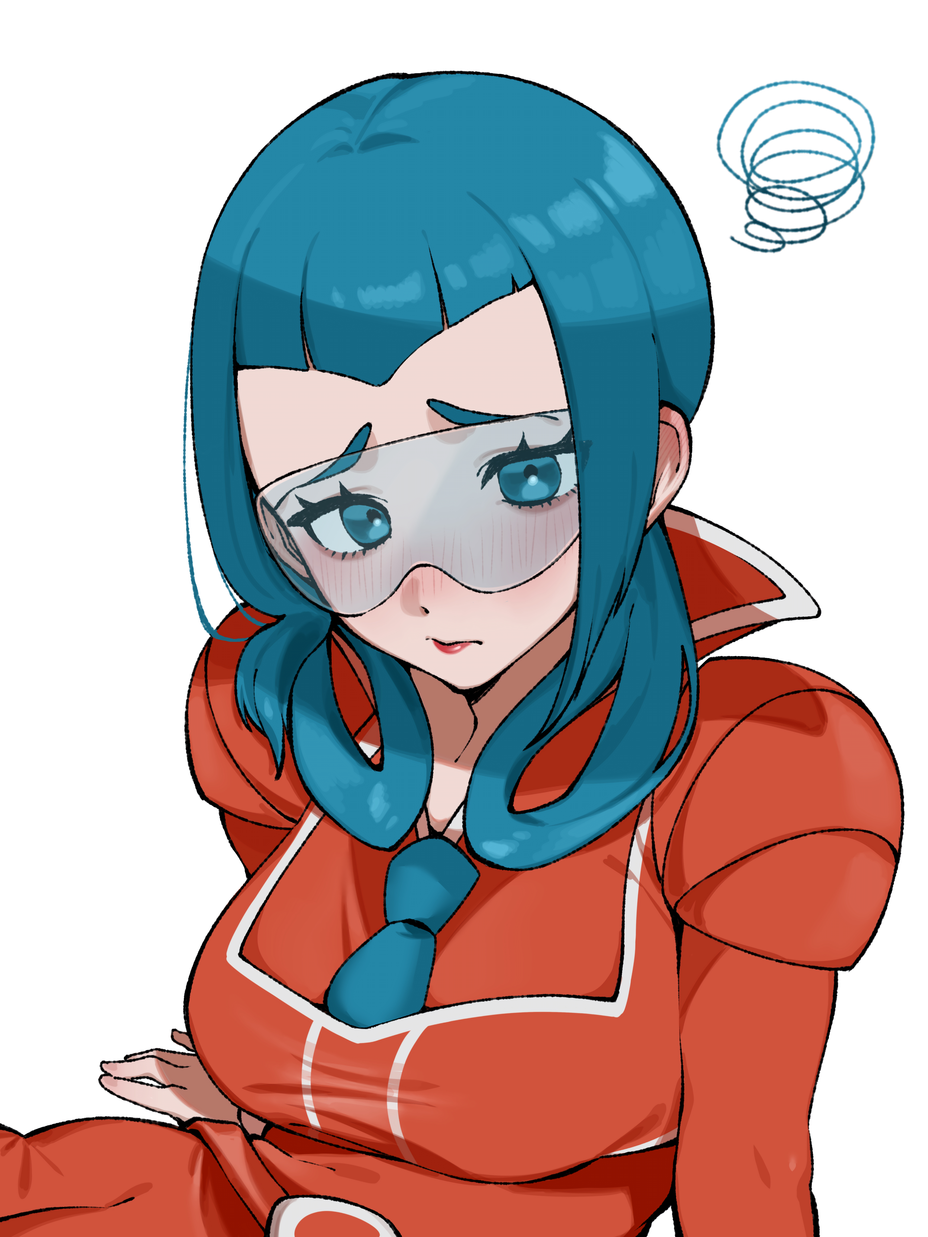 omochi (pixiv 73433243), mable (pokemon), nintendo, pokemon, pokemon legends: z-a, pokemon xy, absurdres, commentary request, highres, 1girl, arm support, blue eyes, blue hair, blue necktie, breasts, closed mouth, embarrassed, eyelashes, glasses, hair rings, long hair, necktie, orange shirt, raised inner eyebrows, shirt, sitting, solo, squiggle, team flare, team flare uniform, white background