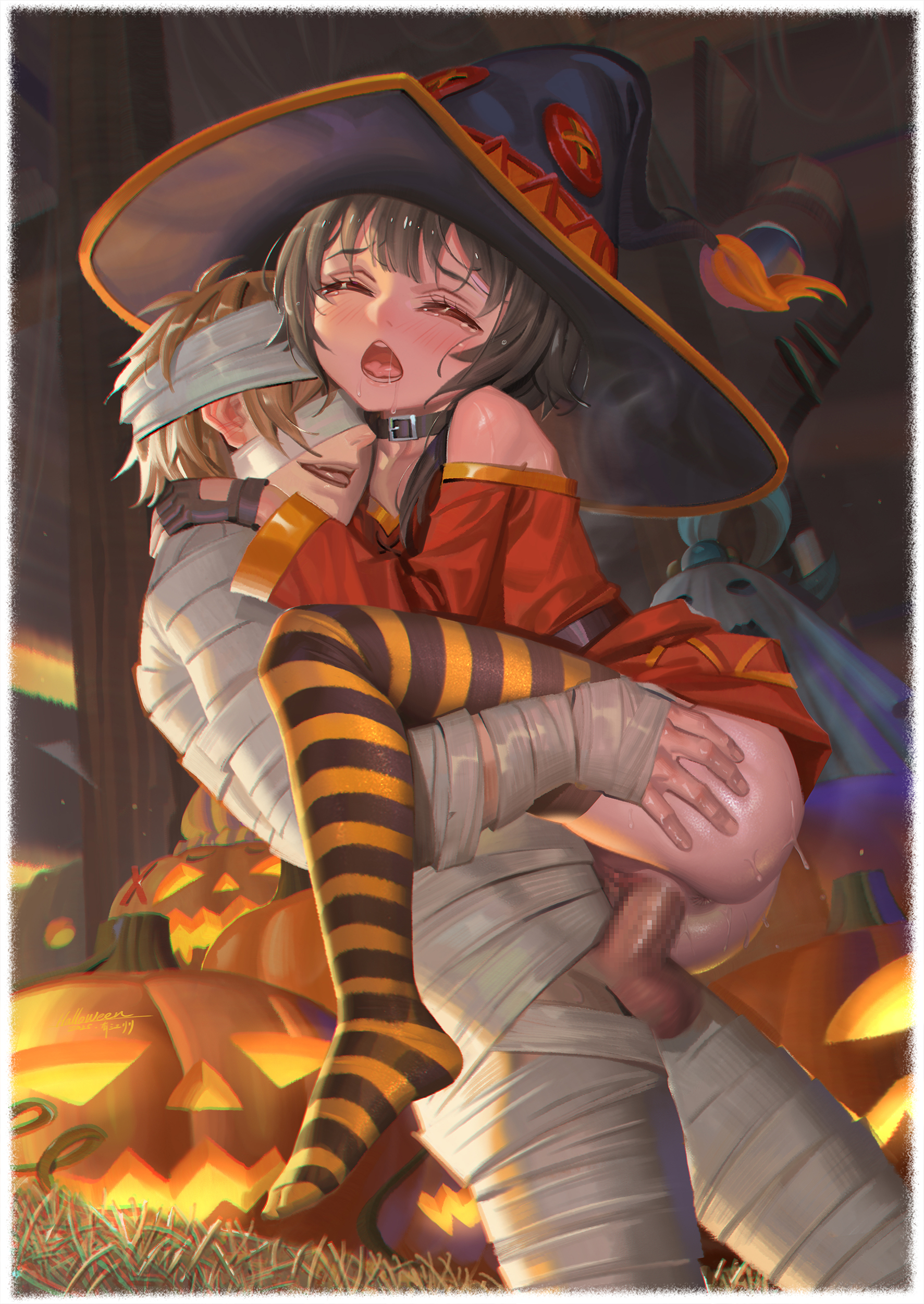 alphonse (white datura), aqua (konosuba), darkness (konosuba), megumin, satou kazuma, kono subarashii sekai ni shukufuku wo!, absurdres, highres, 1boy, 3girls, bandages, belt, black belt, black hair, black hat, black thighhighs, censored, closed eyes, halloween, hat, hetero, jack-o'-lantern, medium hair, mosaic censoring, multiple girls, mummy costume, open mouth, orange thighhighs, penis, pumpkin, red shirt, sex, shirt, striped clothes, striped thighhighs, suspended congress, testicles, thighhighs, vaginal, witch hat