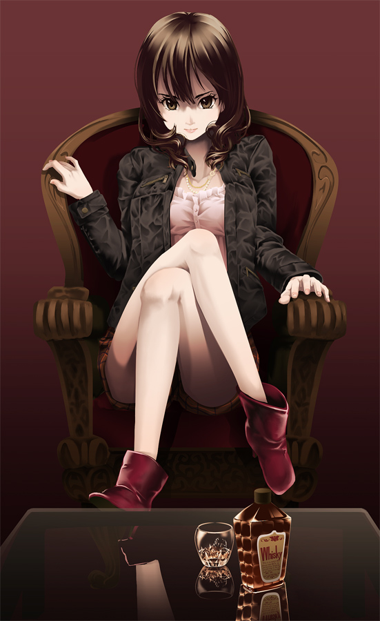 tomiwo, original, 1girl, alcohol, boots, bottle, brown eyes, brown hair, chair, crossed legs, female focus, glass, ice, jacket, long hair, sitting, solo, table, whiskey