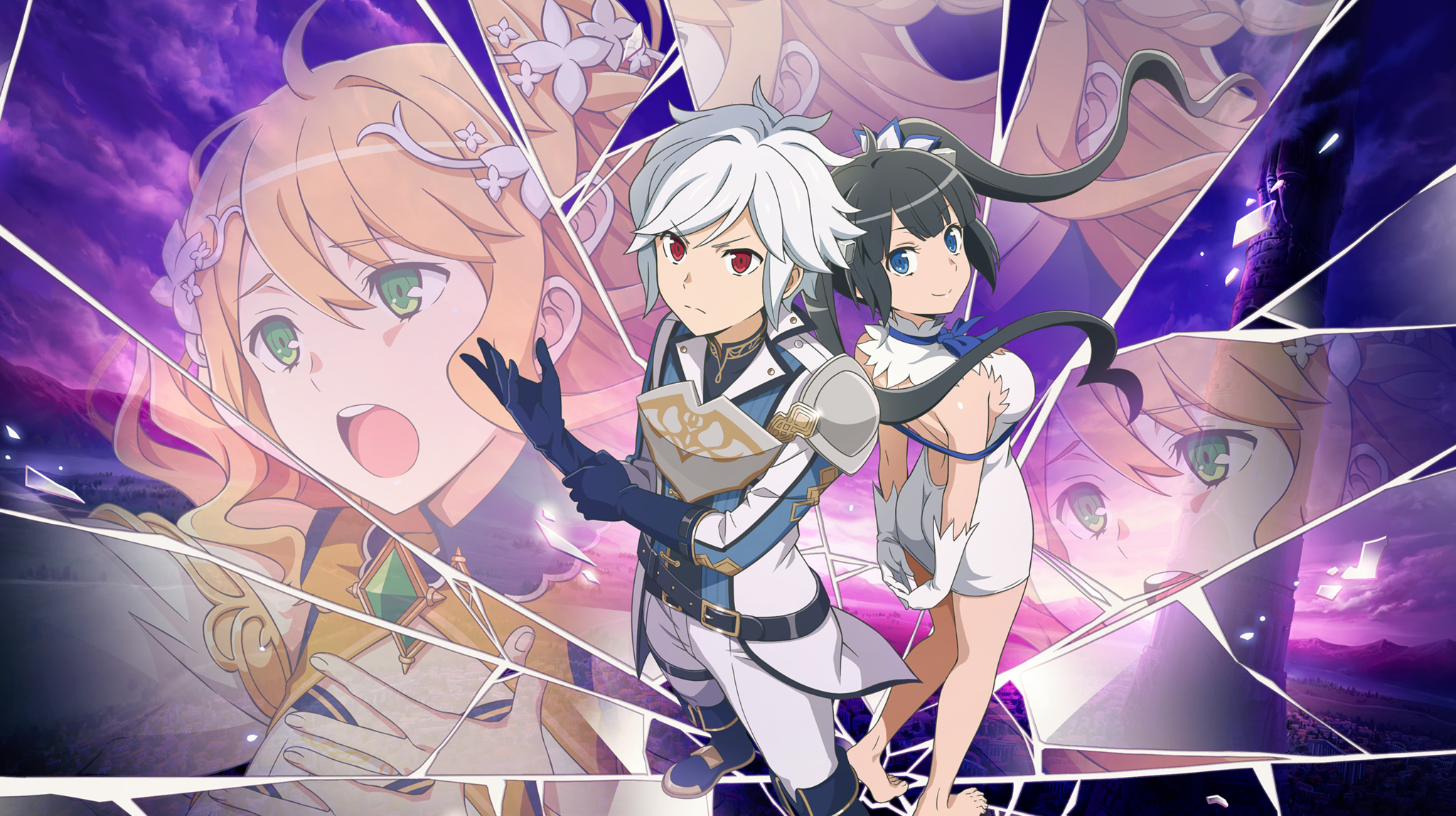 bell cranel, hestia (danmachi), danmachi battle chronicle, dungeon ni deai wo motomeru no wa machigatteiru darou ka, game cg, highres, non-web source, official art, 1boy, 2girls, :o, adjusting clothes, adjusting gloves, anime coloring, armor, arms behind back, barefoot, belt, black belt, black hair, blue boots, blue bow, blue bowtie, blue eyes, blue gloves, blue jacket, blue ribbon, blunt bangs, boots, bow, bowtie, breastplate, breasts, broken glass, closed mouth, dress, glass, gloves, green eyes, hair ornament, harmonia (danmachi), jacket, long hair, looking at viewer, medium breasts, microdress, multicolored jacket, multiple girls, official alternate costume, open mouth, orange hair, pants, pauldrons, pencil dress, red eyes, rei no himo, ribbon, serious, short hair, shoulder armor, sidelocks, single pauldron, sleeveless, sleeveless dress, smile, standing, tight clothes, tight dress, twintails, white dress, white gloves, white hair, white jacket, white pants