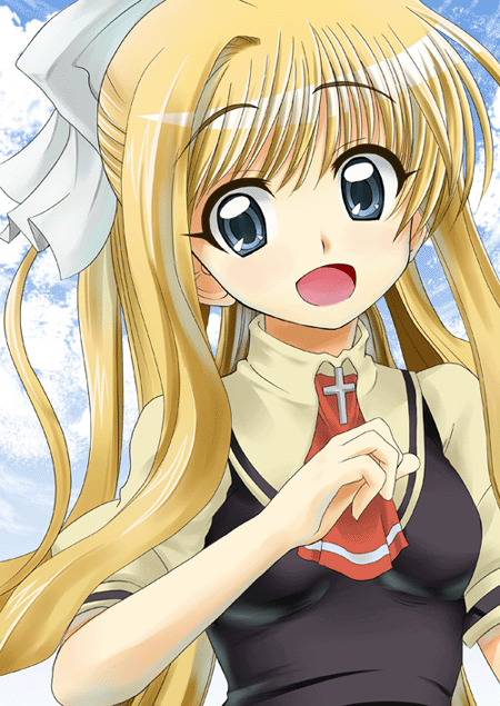 nakano niku, kamio misuzu, air (visual novel), 00s, blonde hair, hair ribbon, long hair, open mouth, ribbon, solo