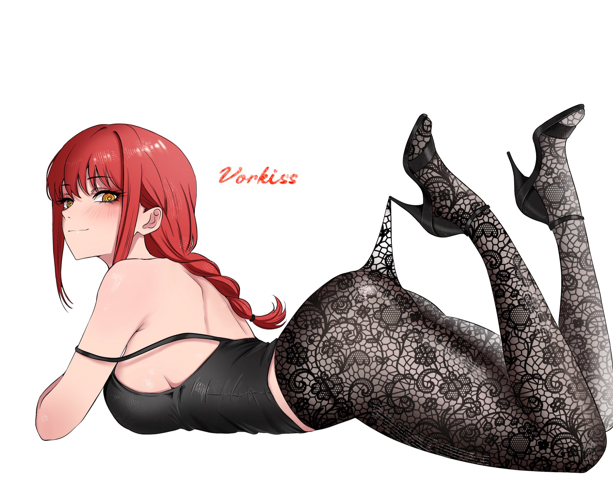 vorkiss, makima (chainsaw man), chainsaw man, highres, 1girl, artist name, ass, back, black camisole, breasts, camisole, from side, full body, high heels, lace pantyhose hooked on heel (meme), large breasts, lying, meme, on stomach, pantyhose, red hair, ringed eyes, shoulder blades, simple background, solo, white background, yellow eyes
