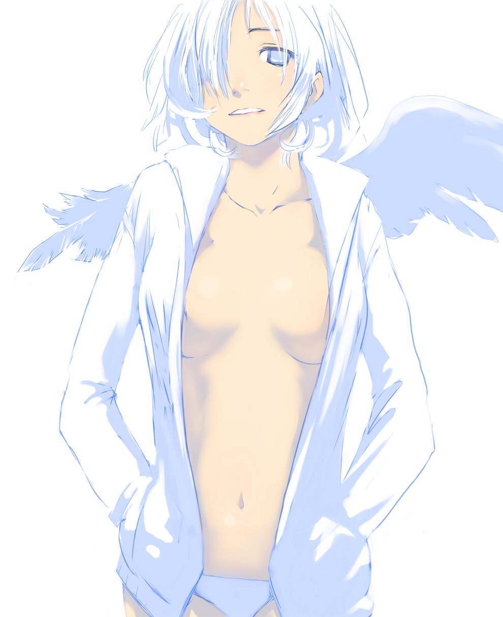 nimirom, original, bad id, bad pixiv id, highres, blue eyes, hair over one eye, no bra, open clothes, panties, solo, underwear, white hair, wings