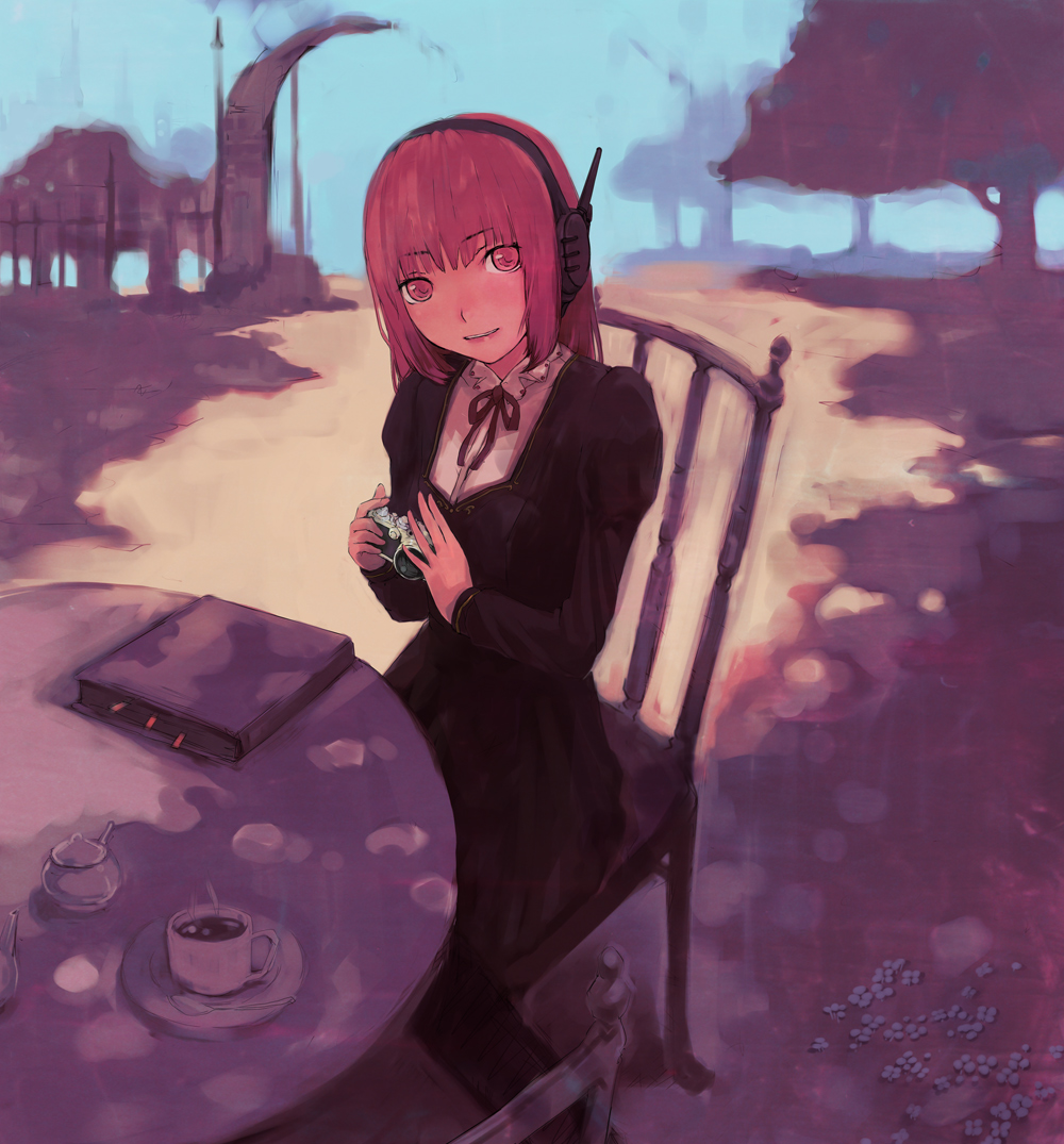 nimirom, original, bad id, bad pixiv id, book, camera, headphones, red eyes, red hair, solo